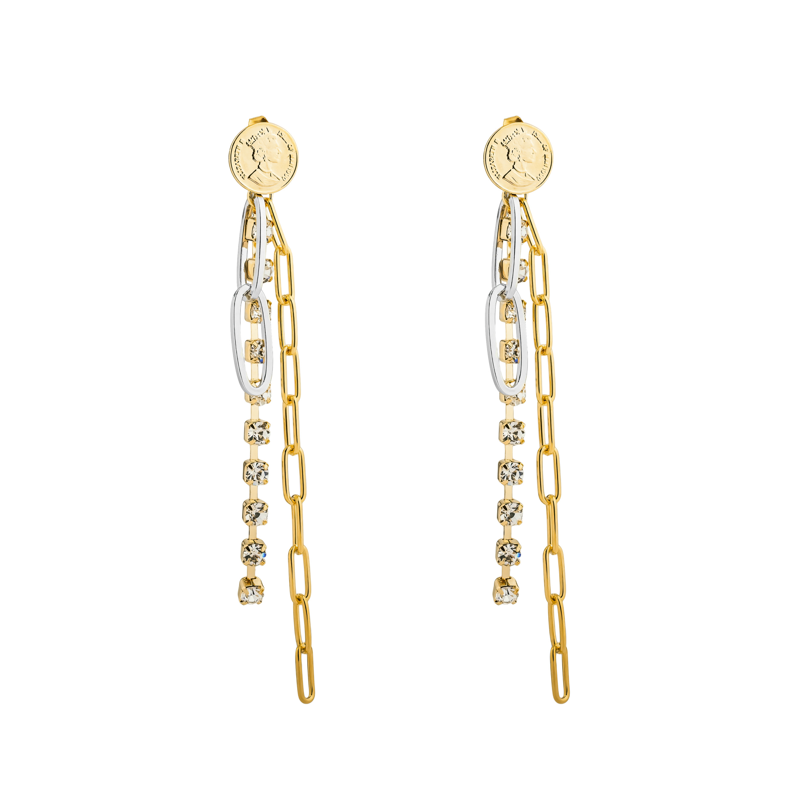Coin Earrings with chain and Crystals