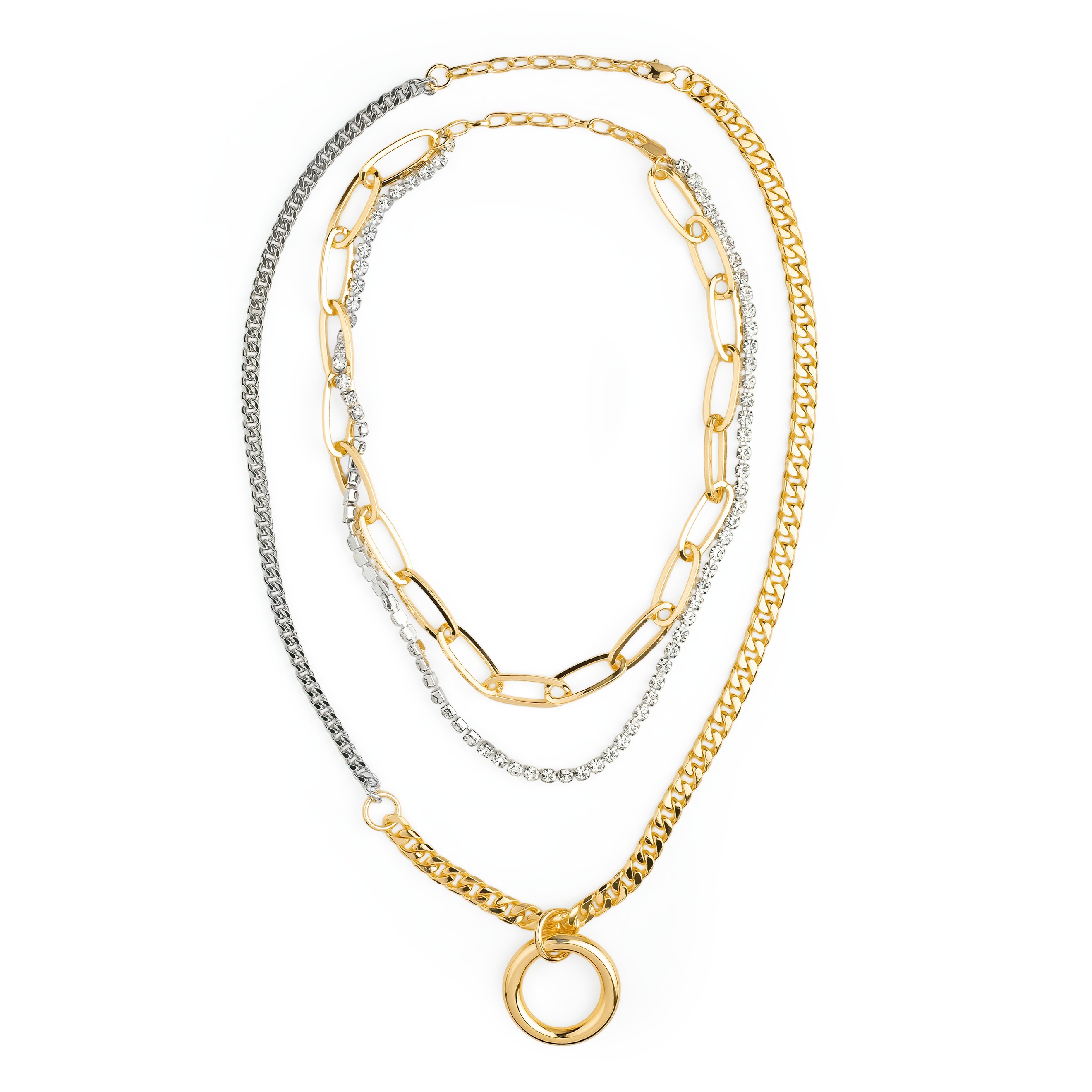 triple chain necklace with crystals and a circle pendant