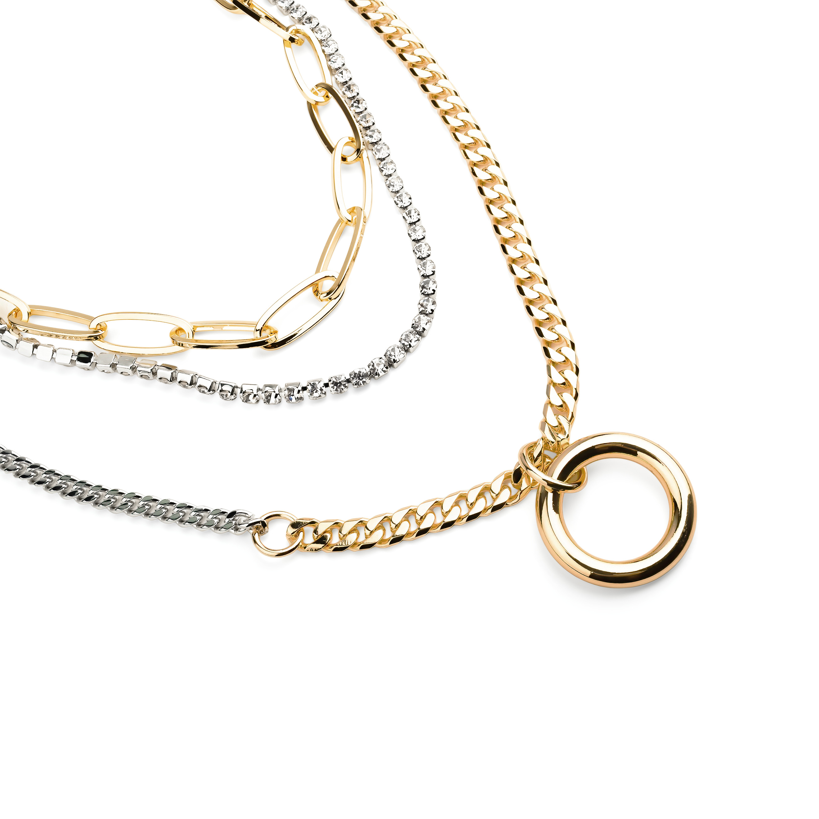 triple chain necklace with crystals and a circle pendant