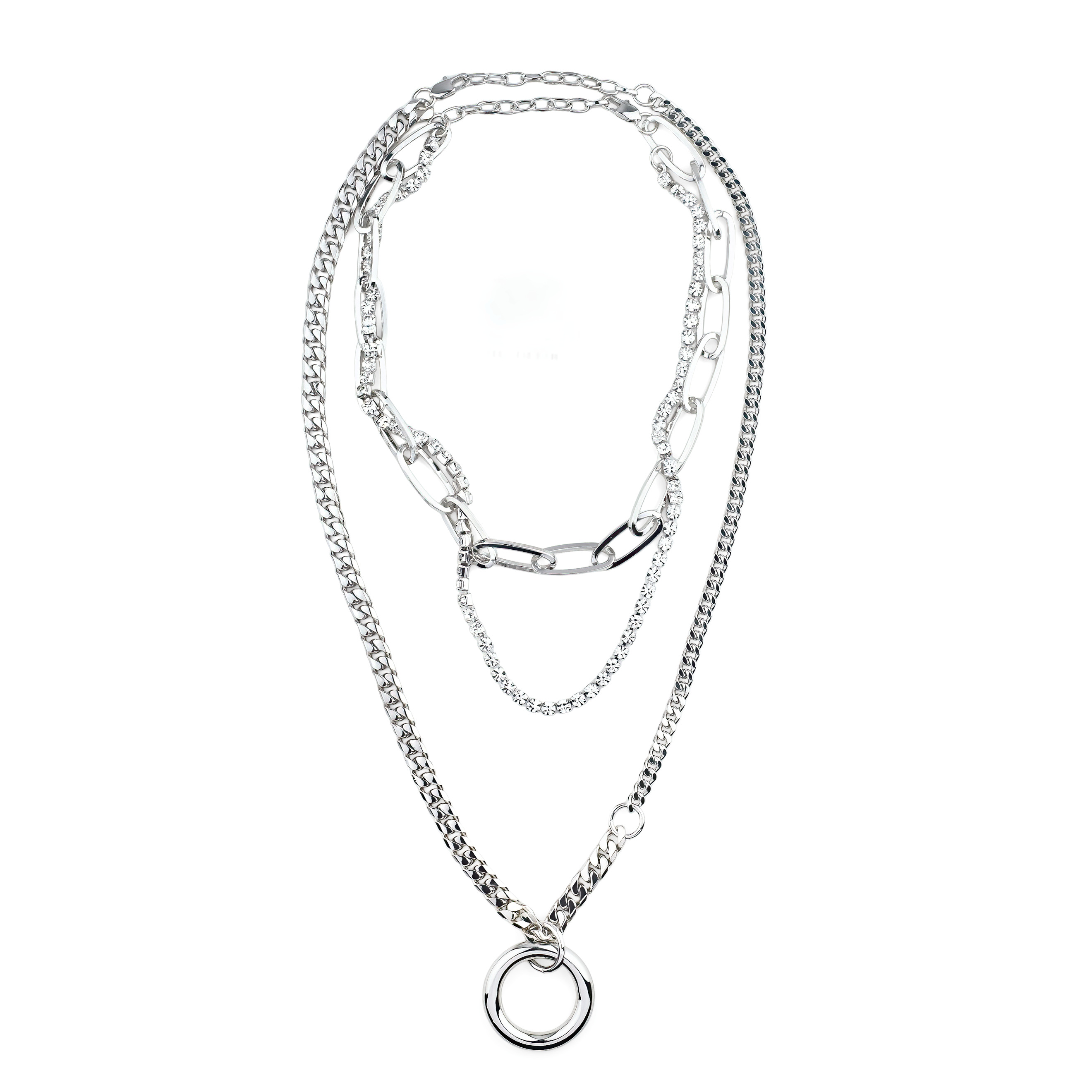 triple chain necklace with crystals and a circle pendant