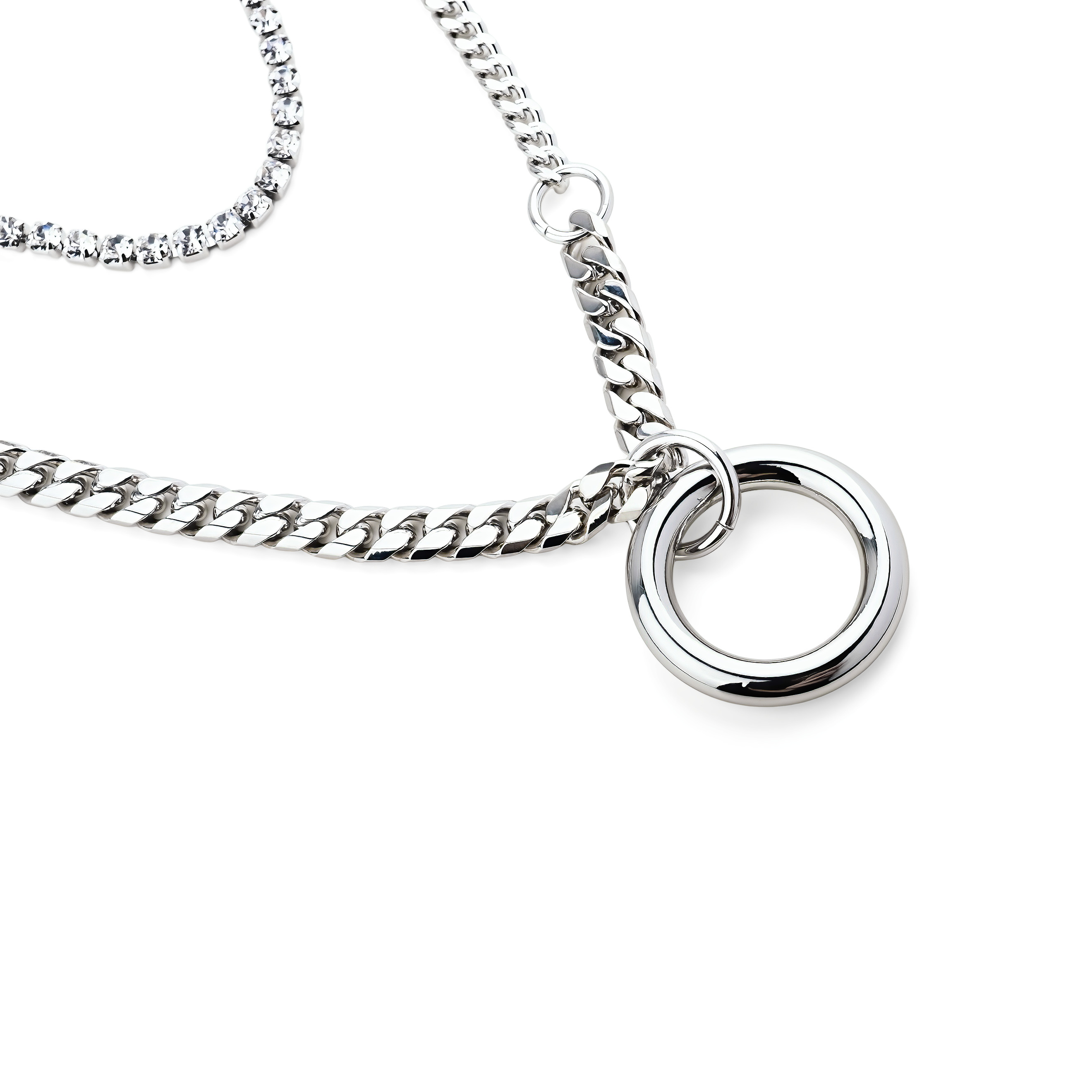 triple chain necklace with crystals and a circle pendant