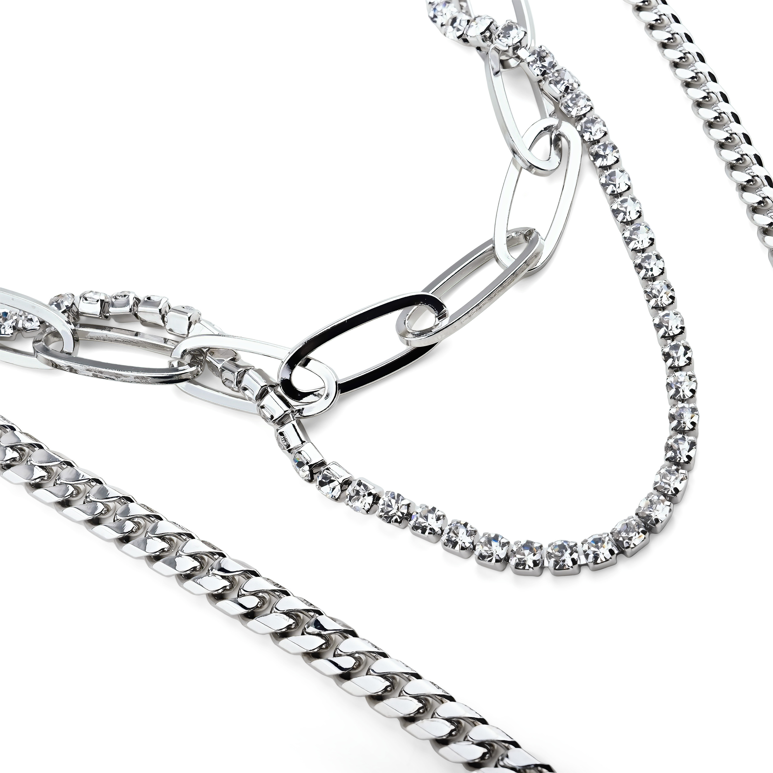 triple chain necklace with crystals and a circle pendant
