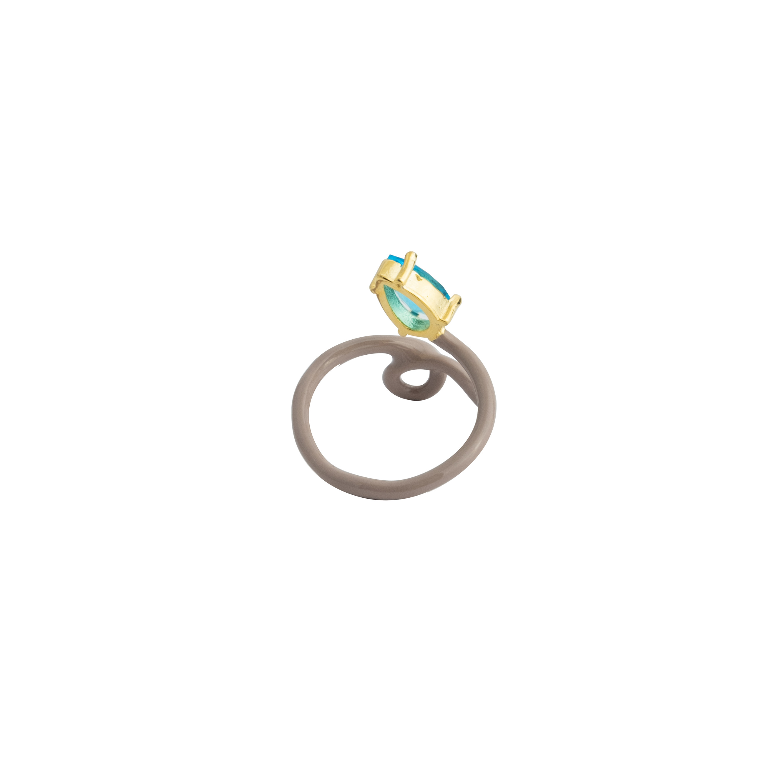 Curved brown ring with blue crystal