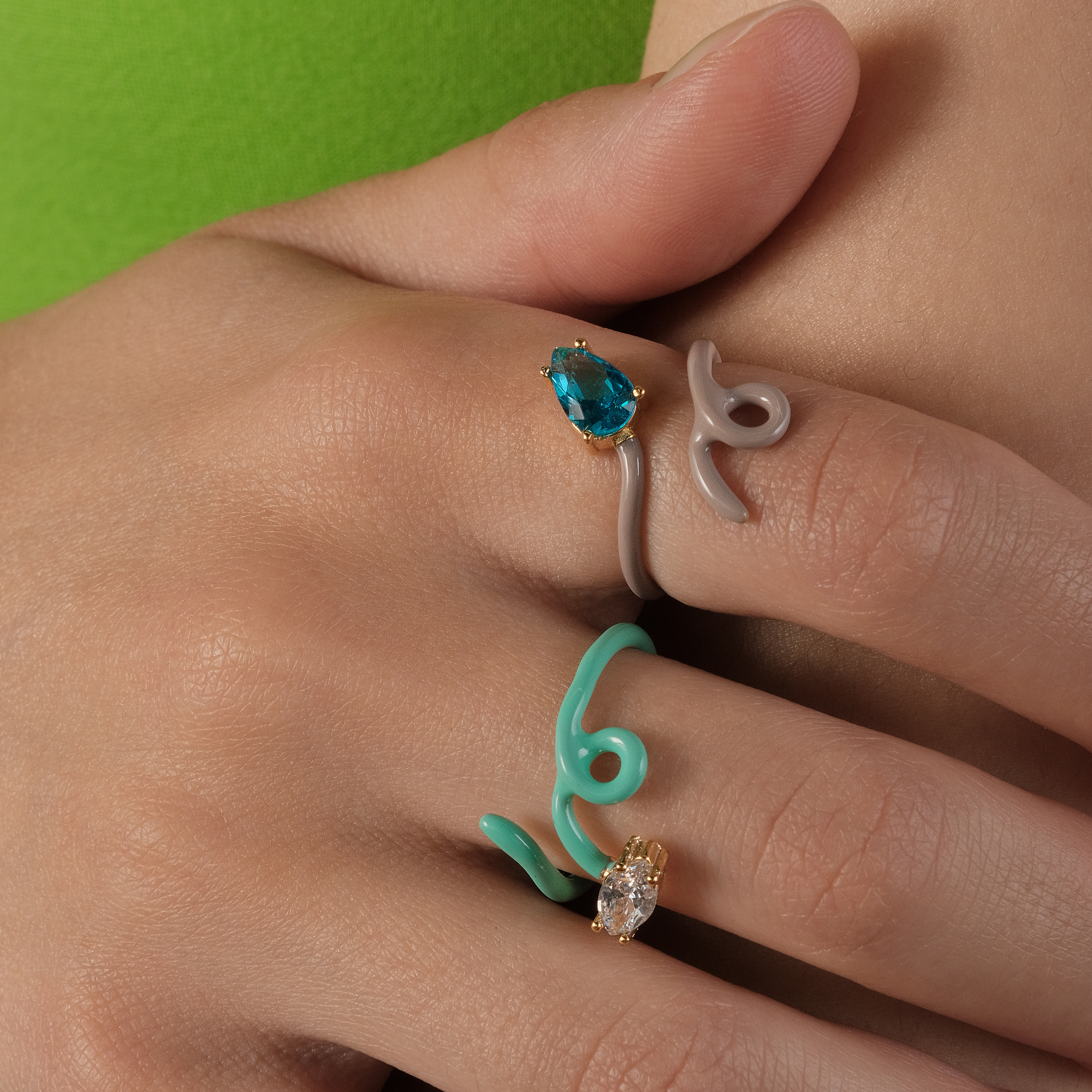 calligraphy mint ring with crystal