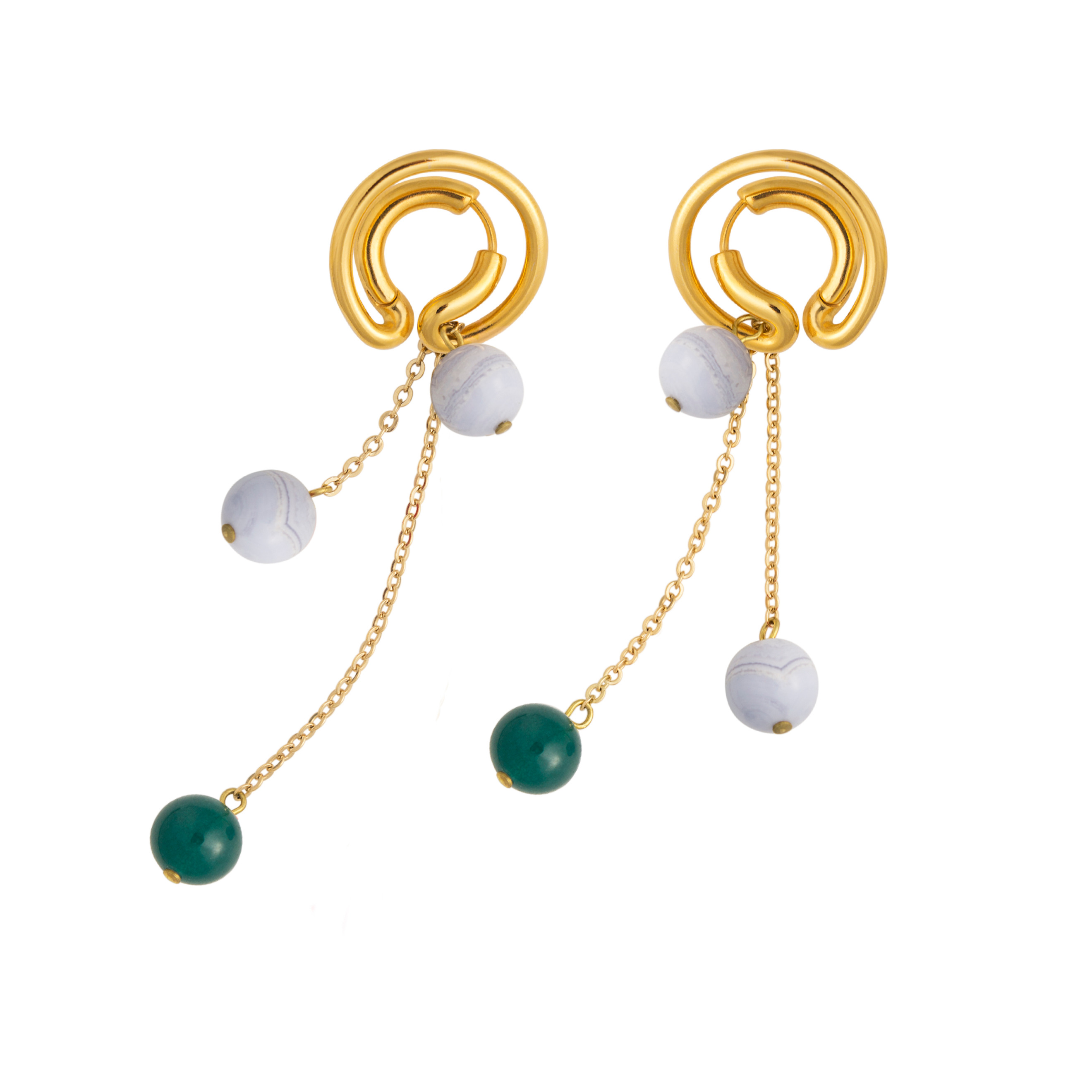 Gold-plated earrings with green and blue agate