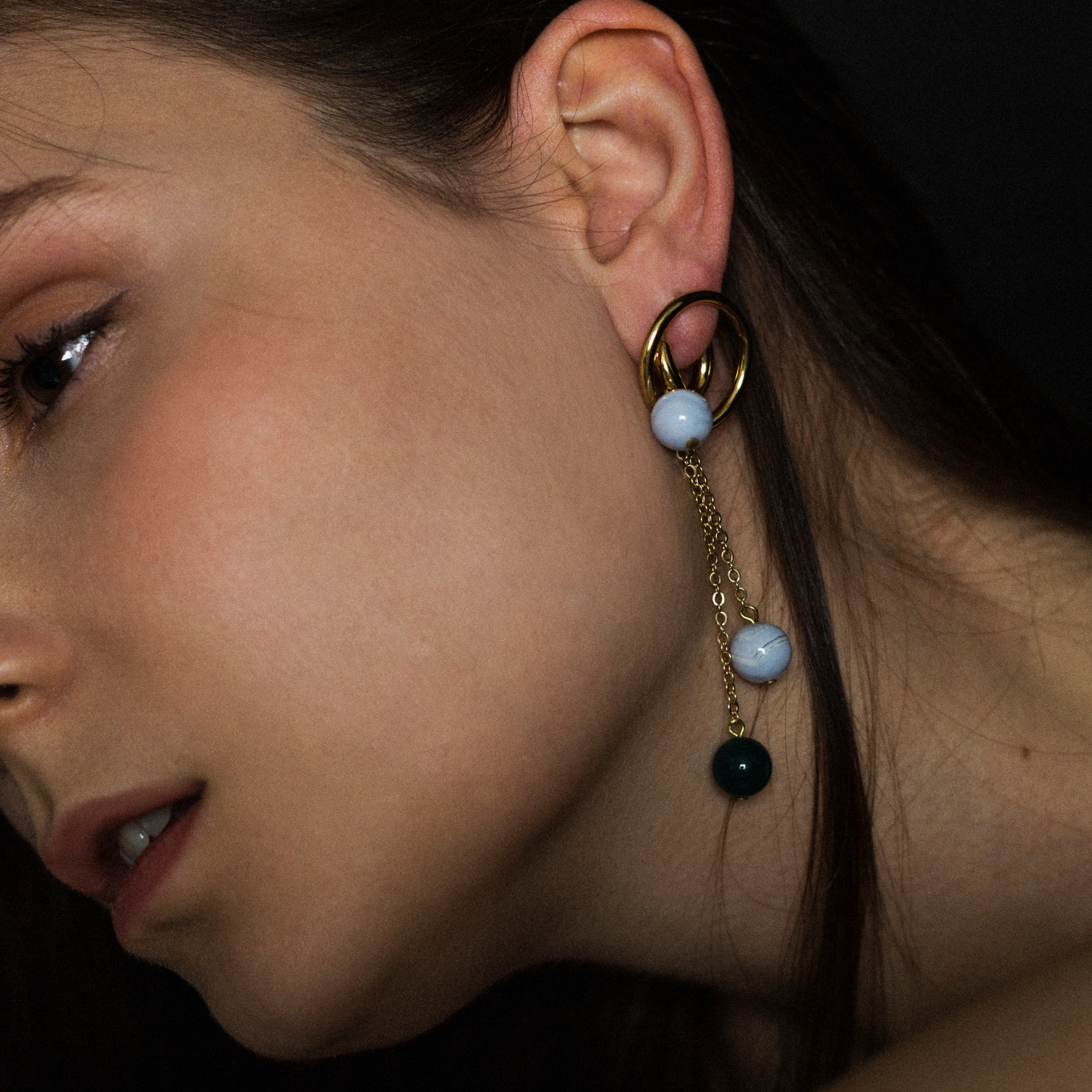 Gold-plated earrings with green and blue agate