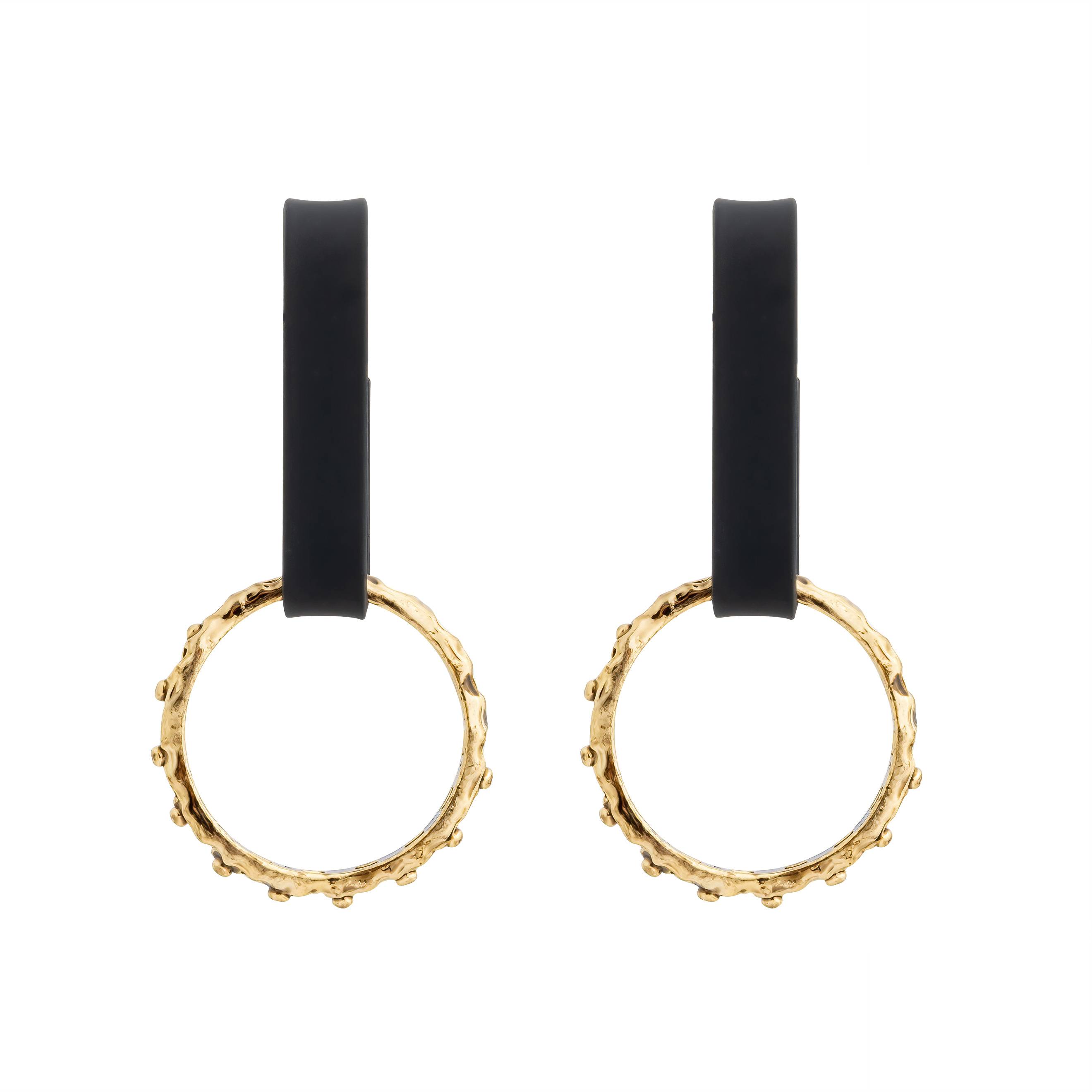 Black earrings with golden pendants-circles with balls