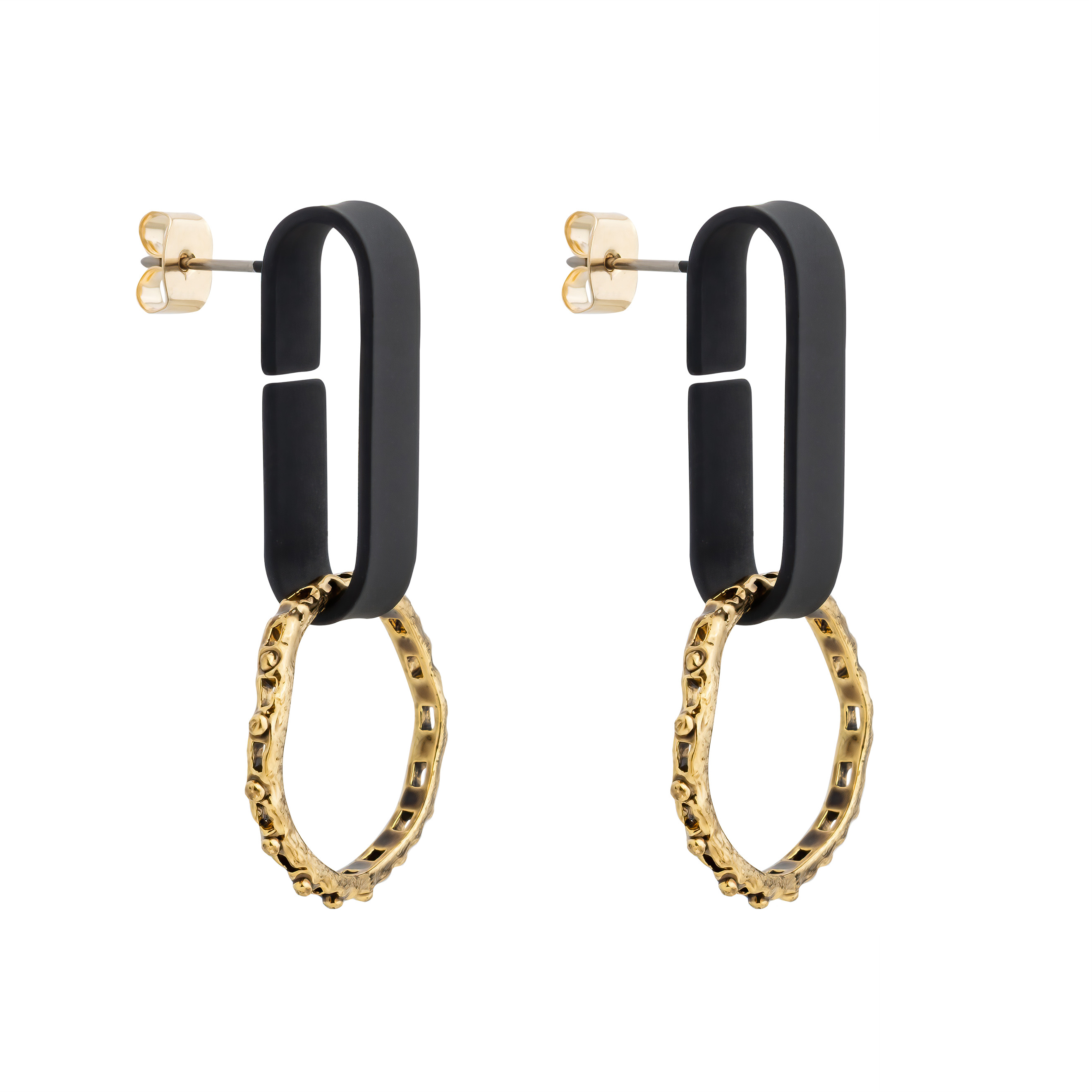 Black earrings with golden pendants-circles with balls