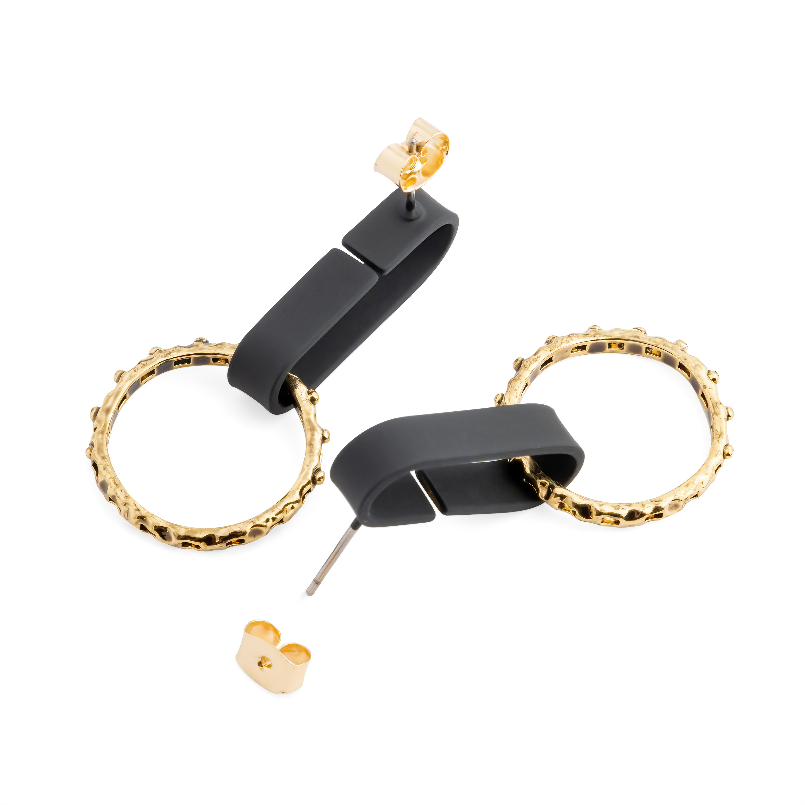 Black earrings with golden pendants-circles with balls