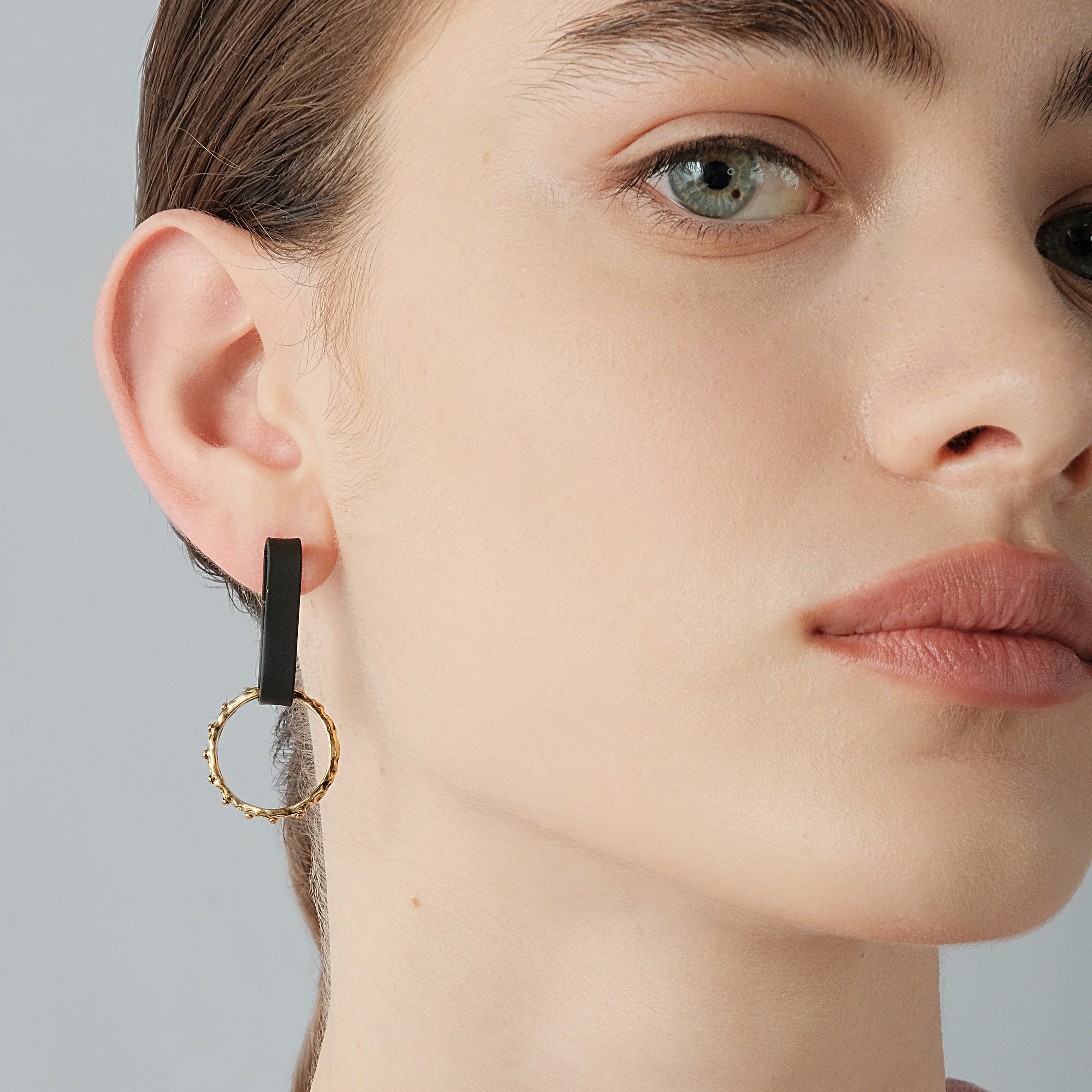 Black earrings with golden pendants-circles with balls