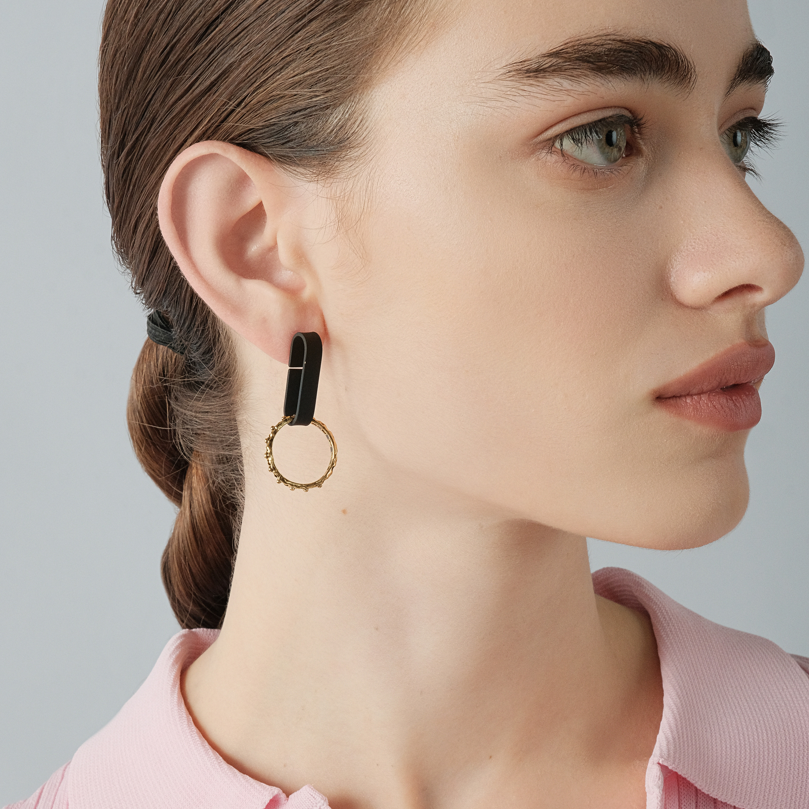 Black earrings with golden pendants-circles with balls