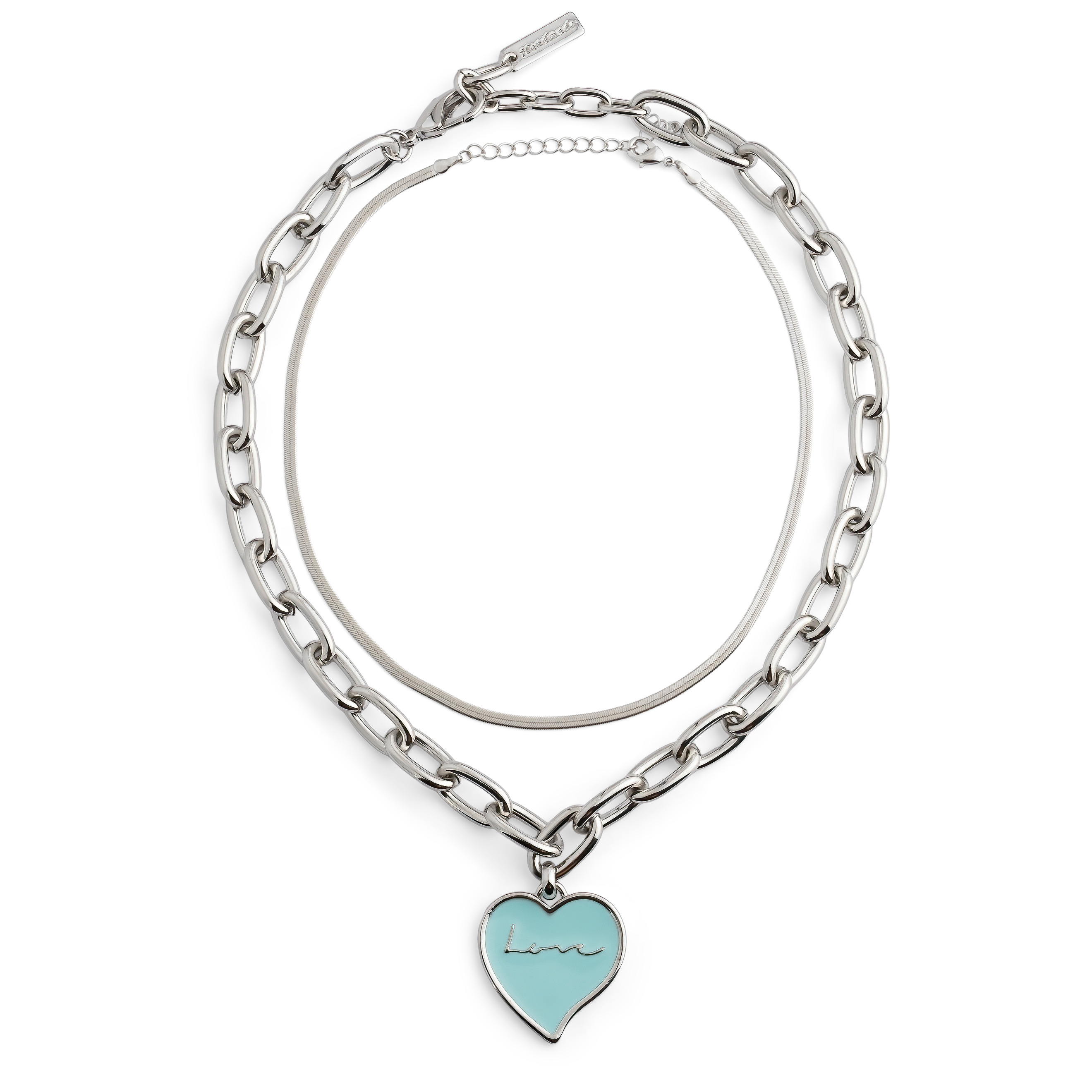 Серебристая двойная цепь с бирюзовым сердцем Love