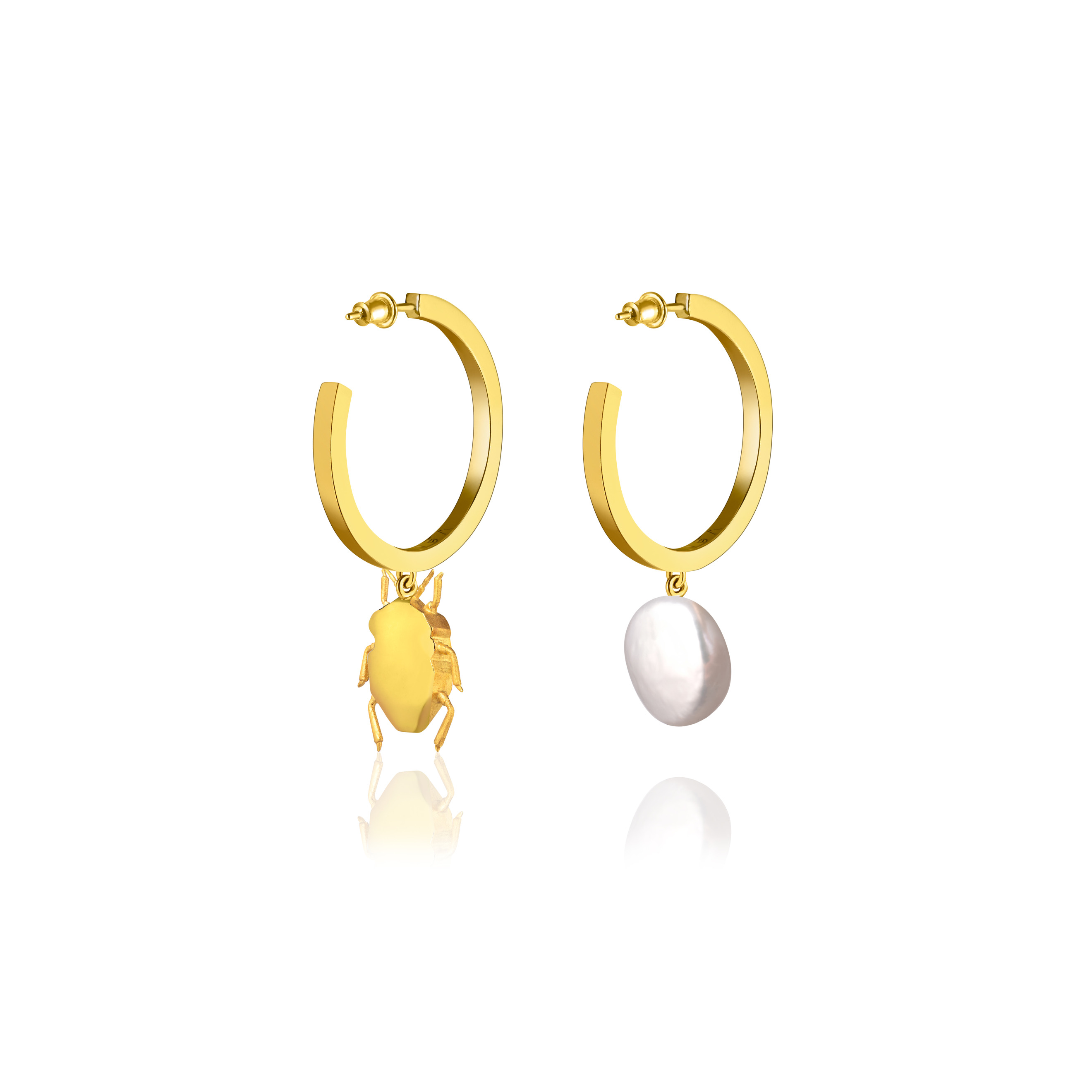 Асимметричные серьги BUG gold Серебро 925, позолота 24K, нат. жемчуг