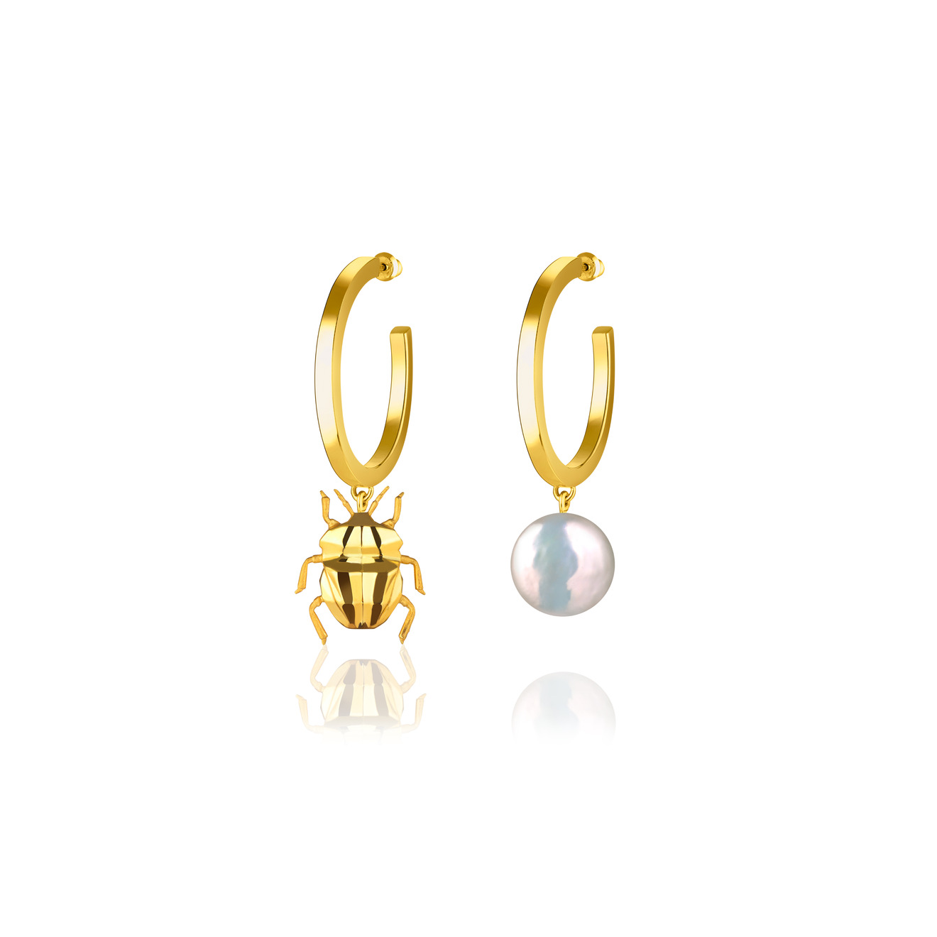 Асимметричные серьги Vertigo Jewellery Lab Асимметричные серьги BUG gold Серебро 925, позолота 24K, нат. жемчуг