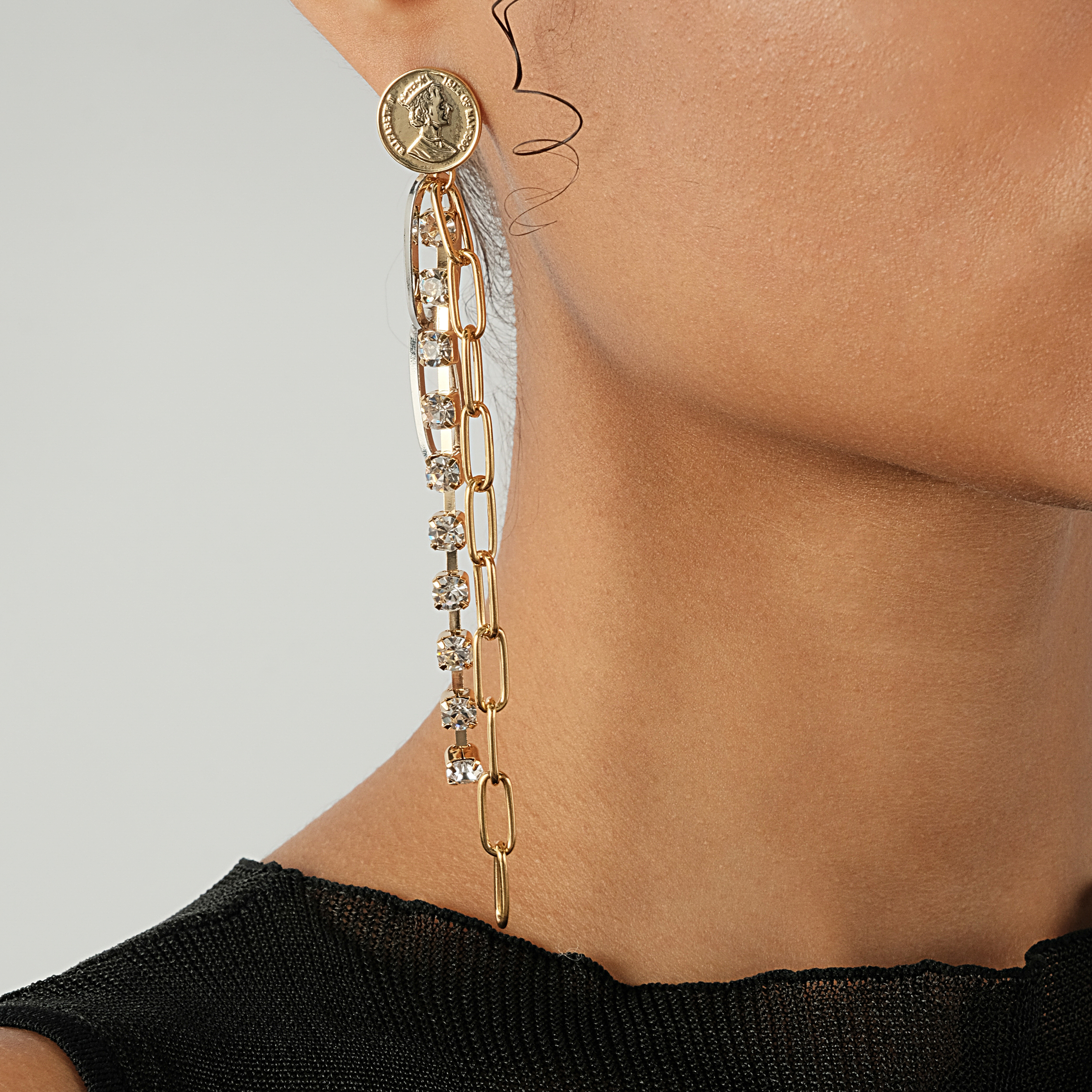 Coin Earrings with chain and Crystals