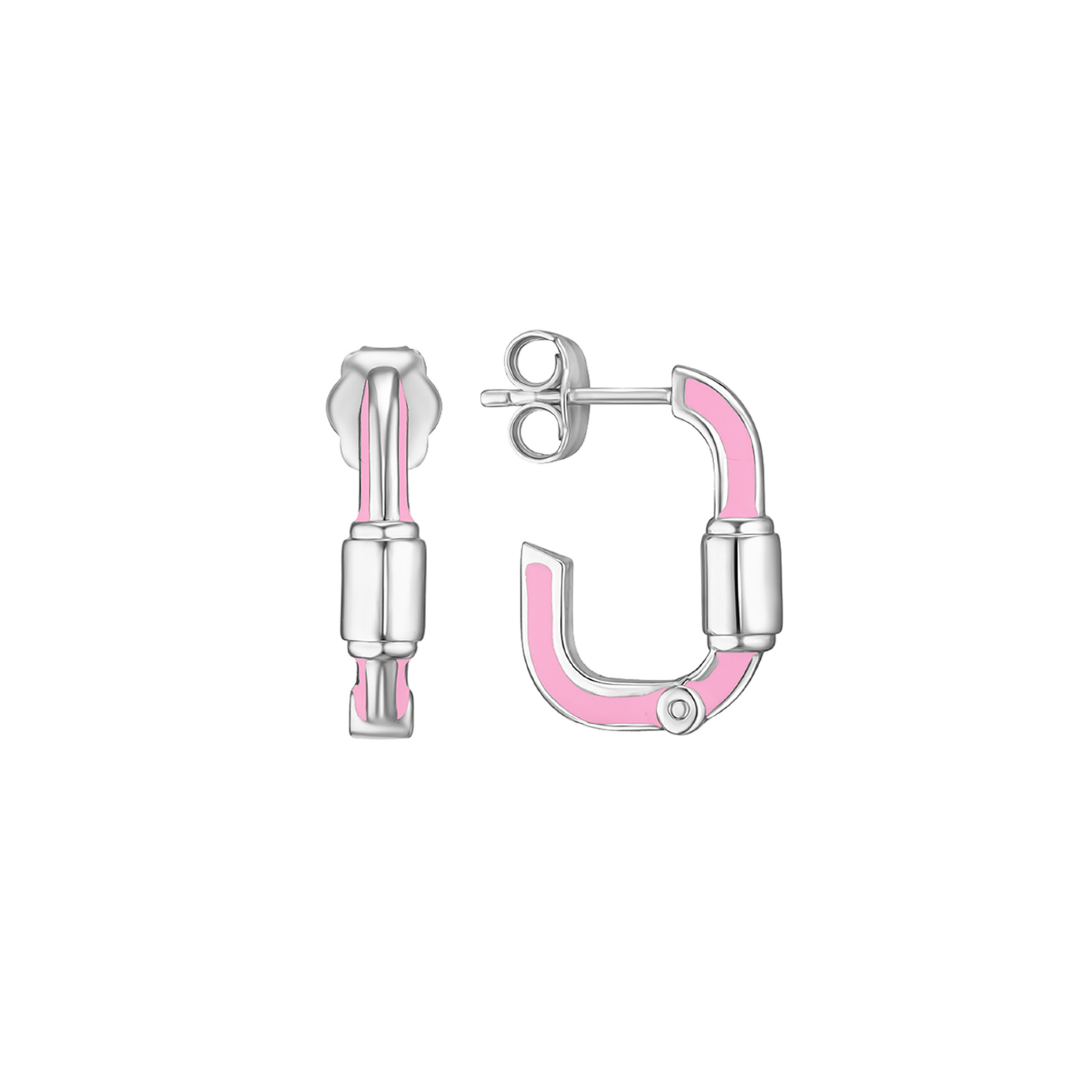 Hoop earrings made of silver with a carabiner and pink enamel