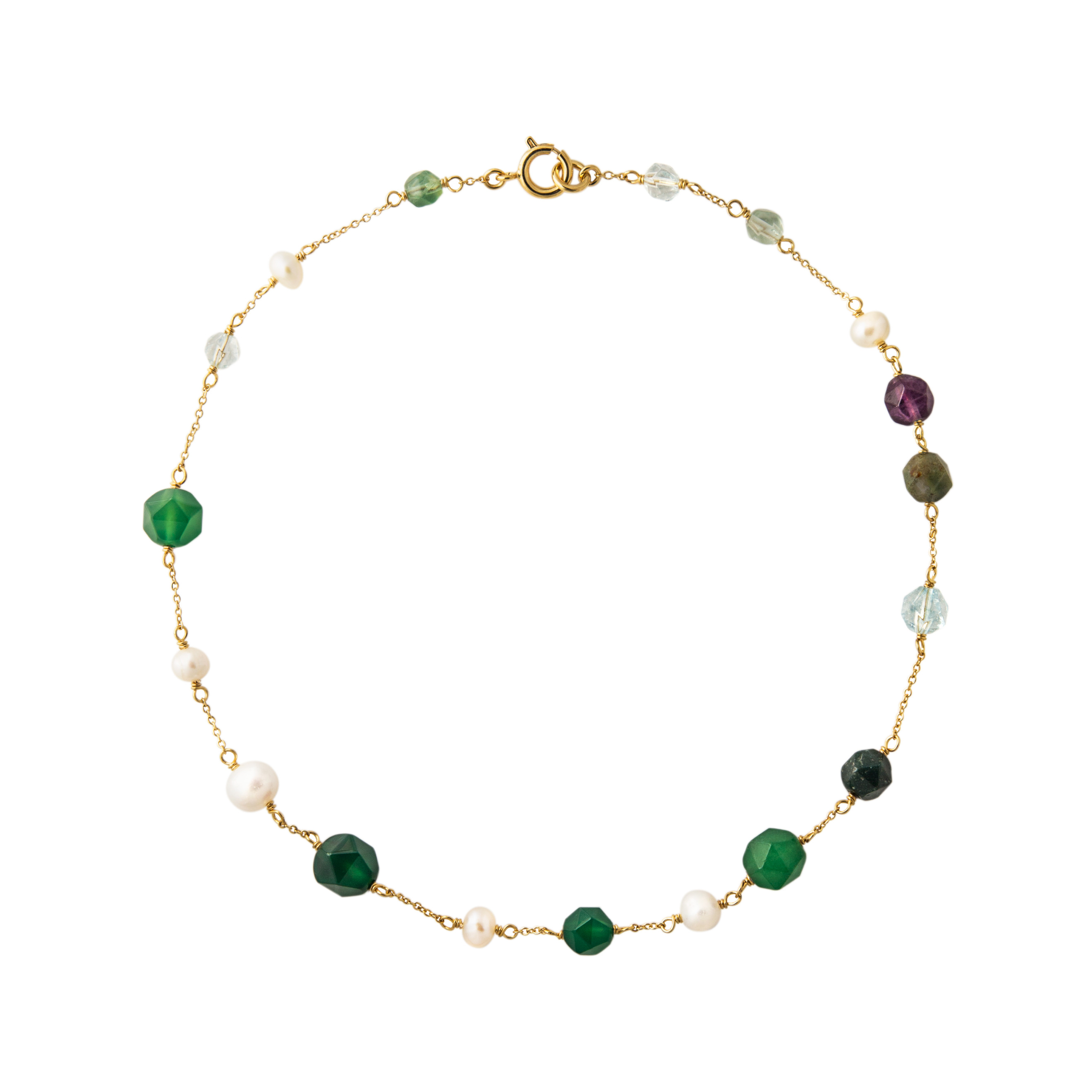 Gold-plated necklace with pearls, agate and fluorite
