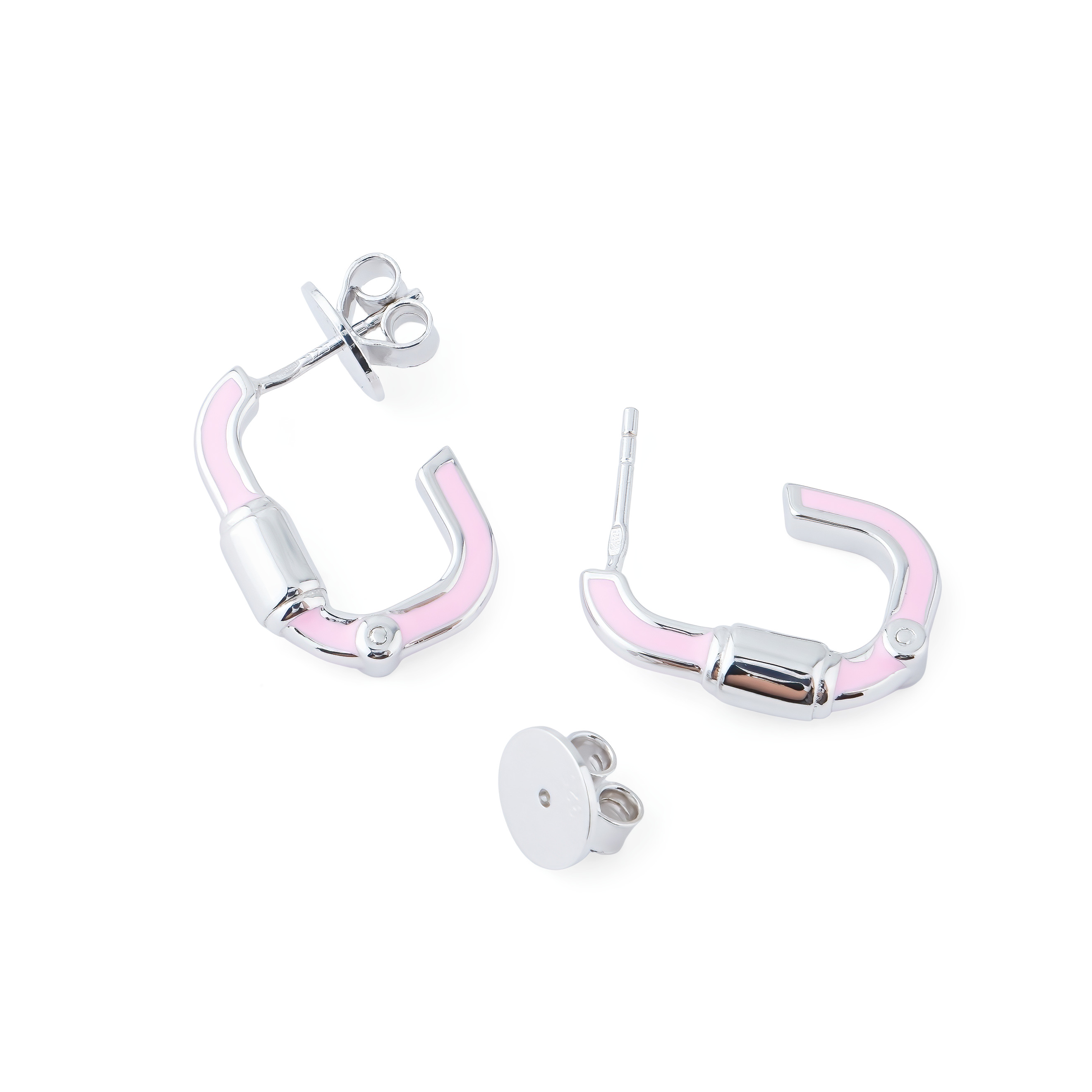 Hoop earrings made of silver with a carabiner and pink enamel