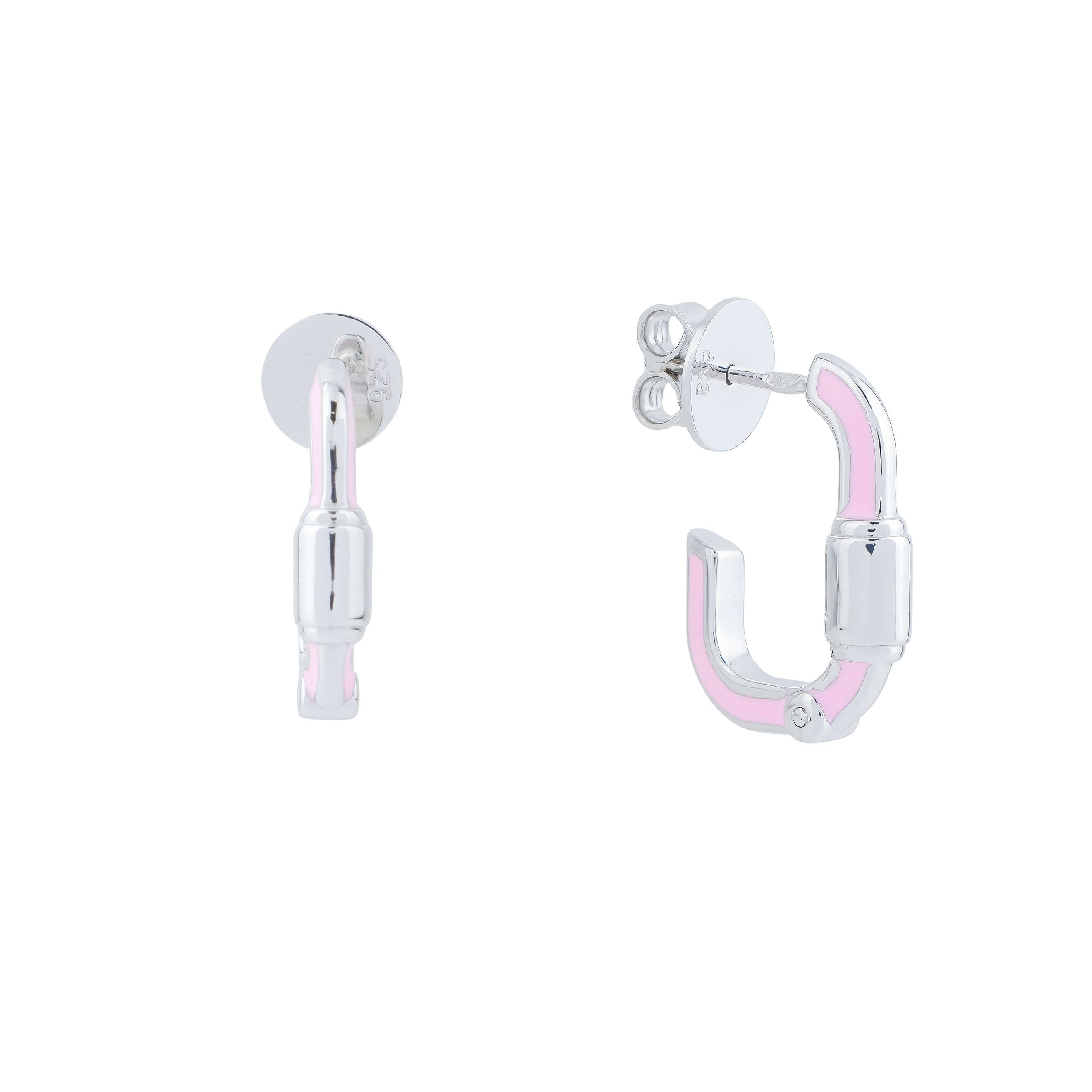 Hoop earrings made of silver with a carabiner and pink enamel