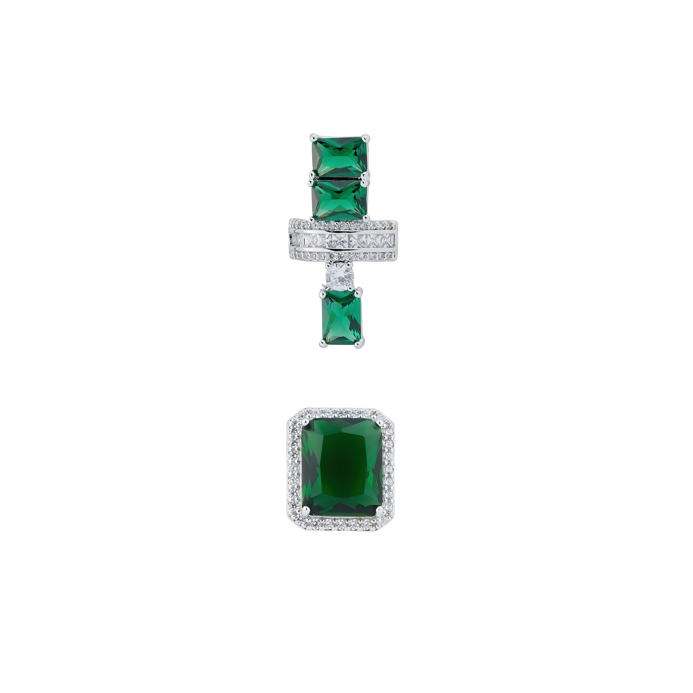 silver-tone mono earring and cuff set with large green crystals