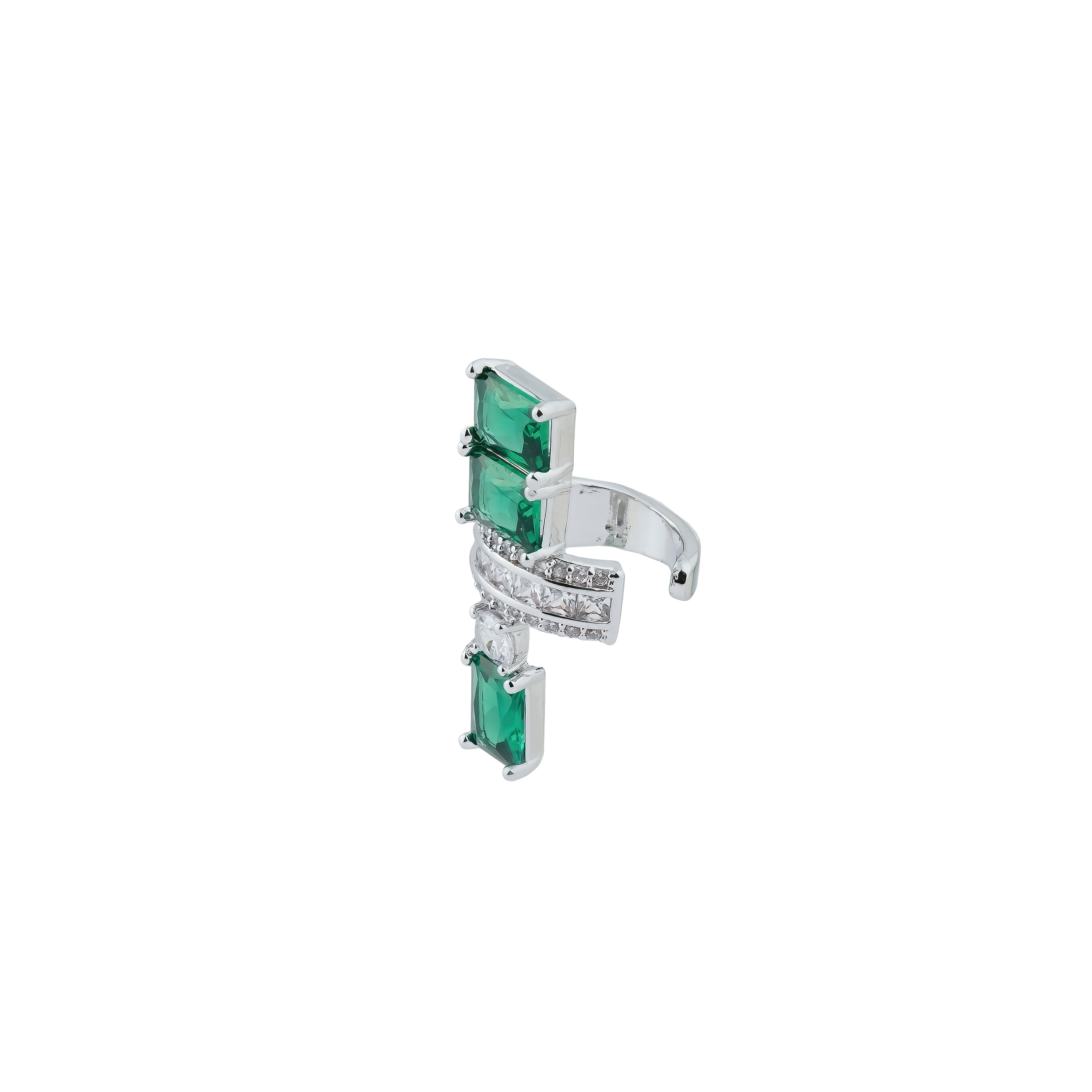 silver-tone mono earring and cuff set with large green crystals