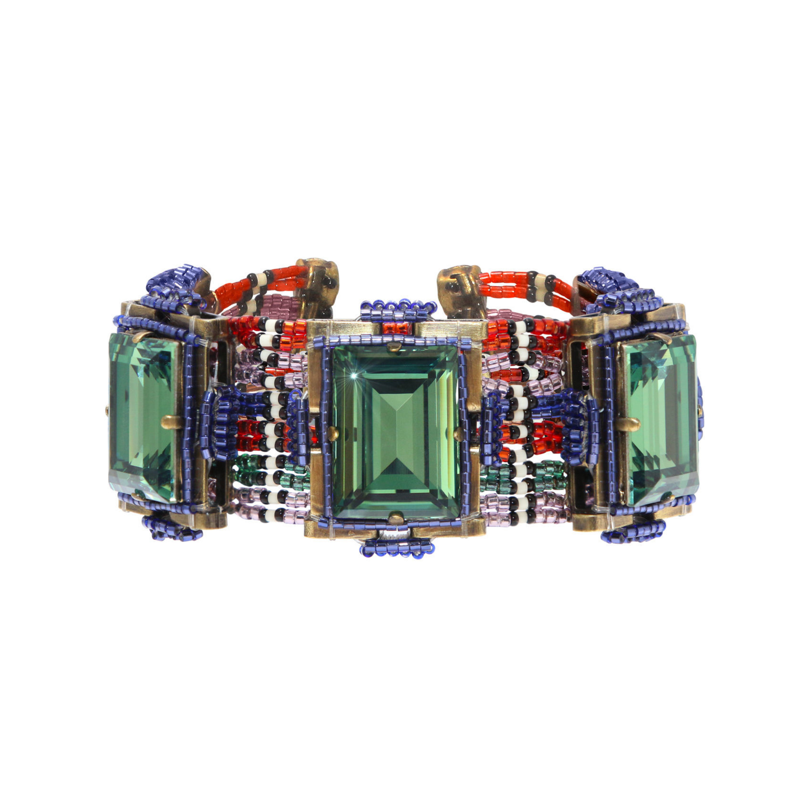 African Glam bracelet with green crystals and multicolored beads