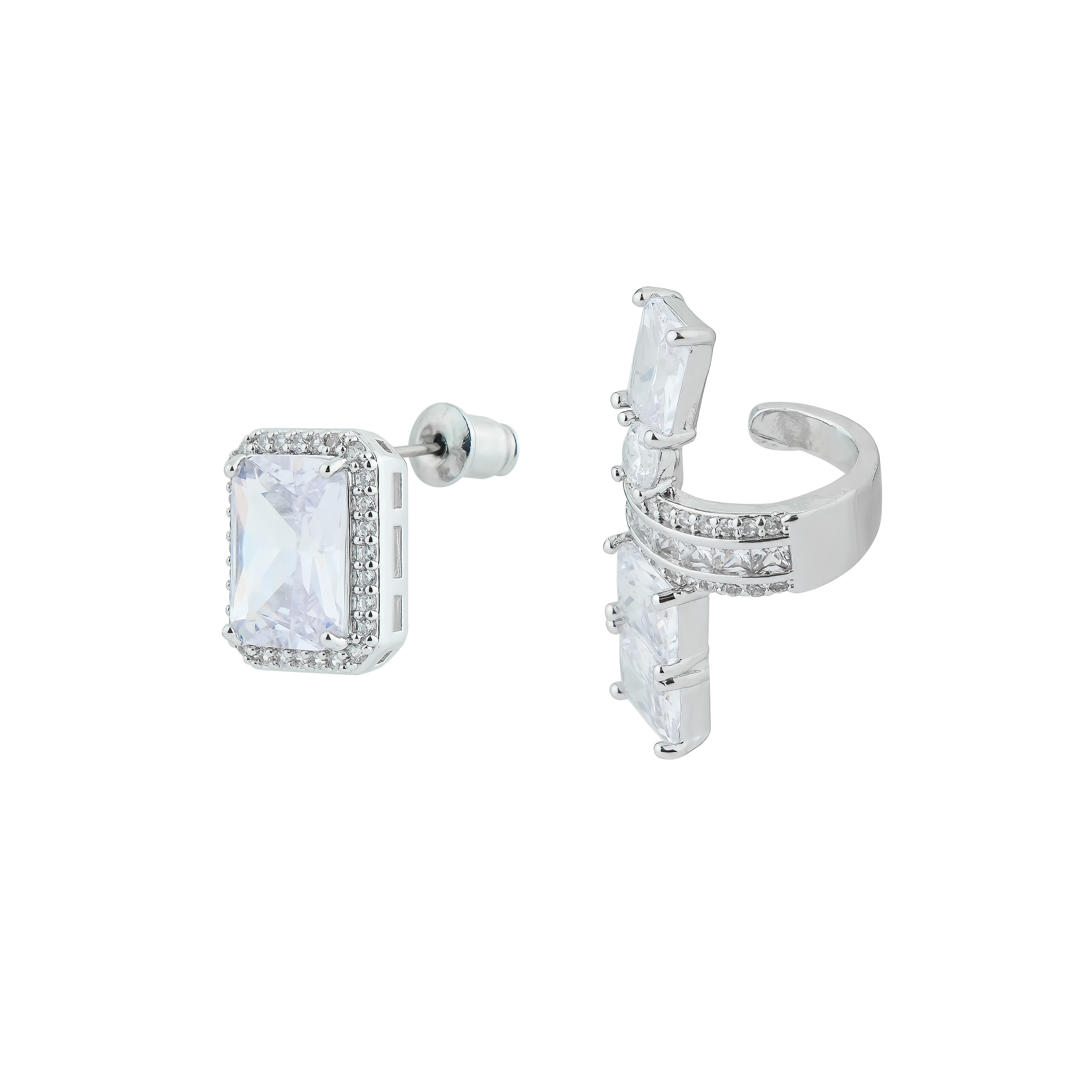 silver-tone mono-earring and cuff set with large crystals