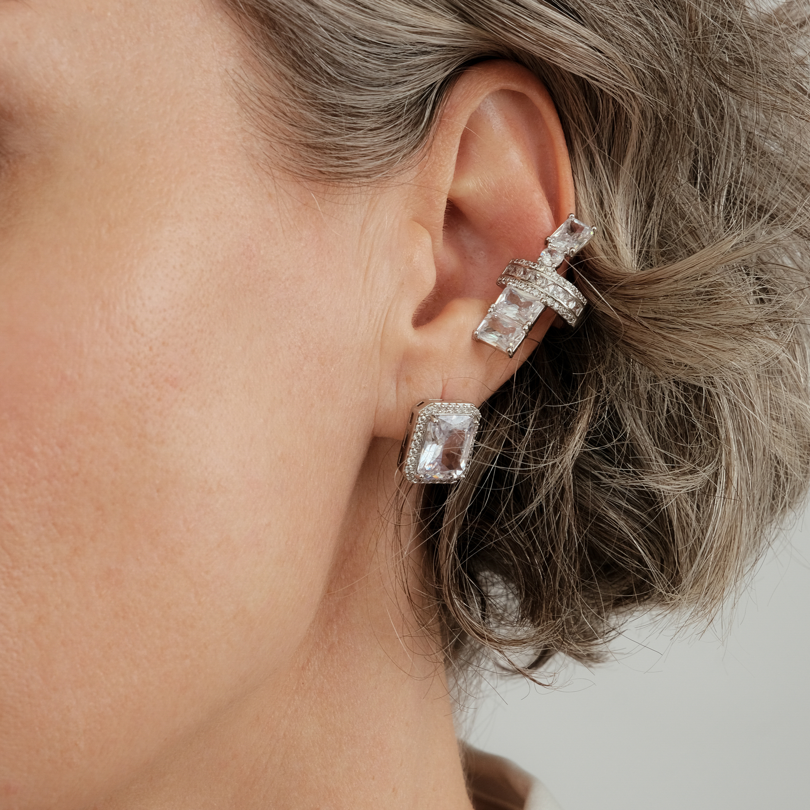 silver-tone mono-earring and cuff set with large crystals