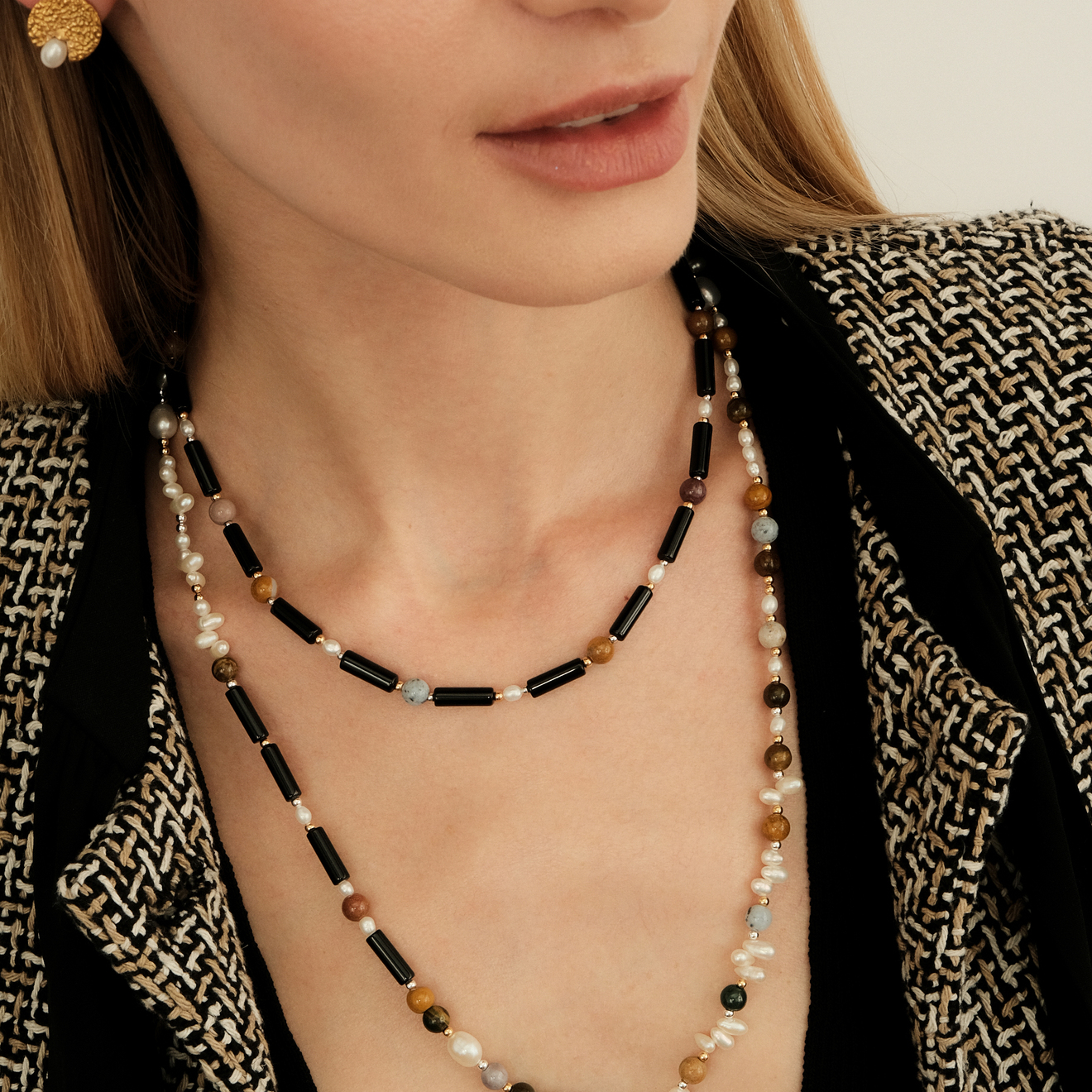 Serebriciti Jewelry Колье из оникса, жемчуга, родолита и яшмы