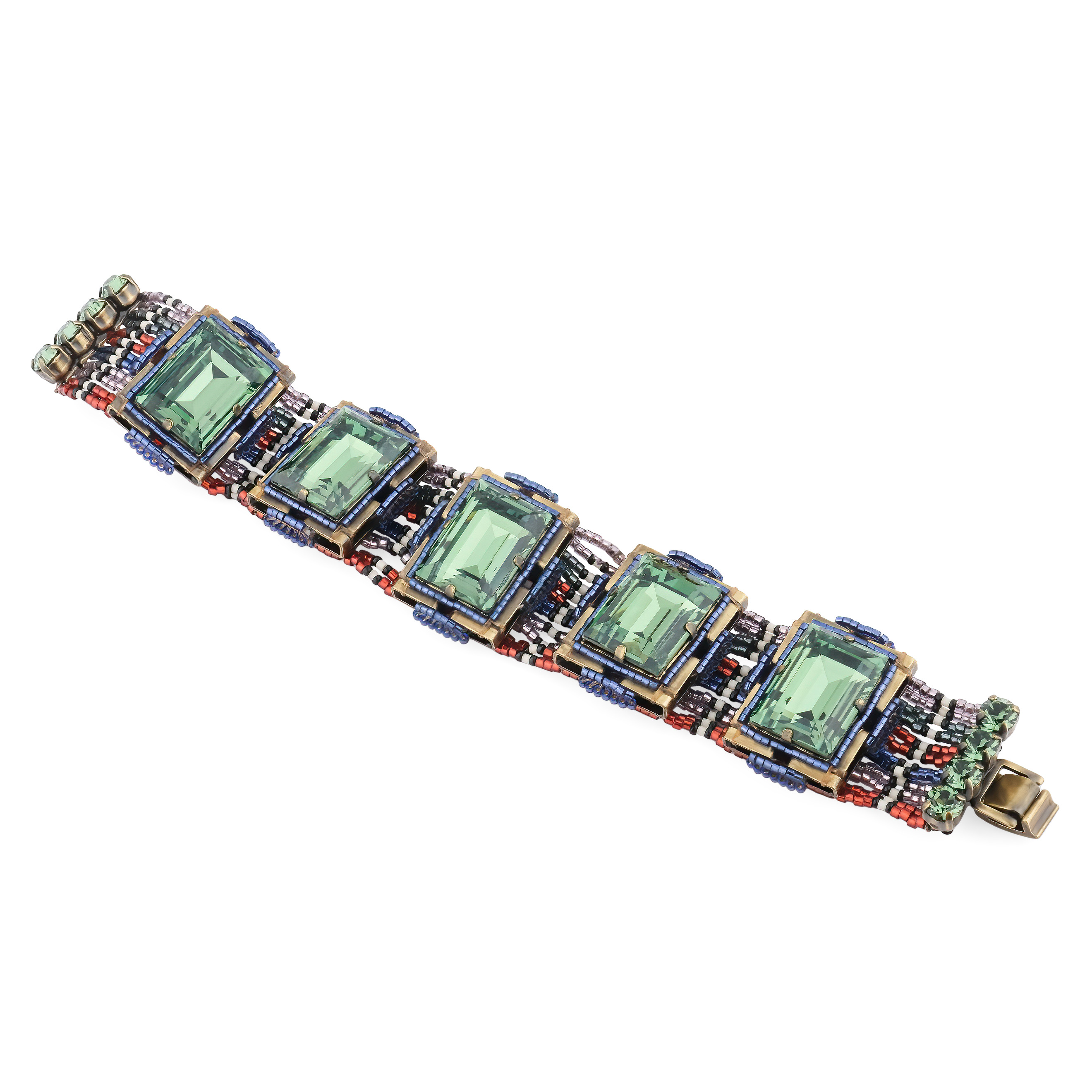 African Glam bracelet with green crystals and multicolored beads