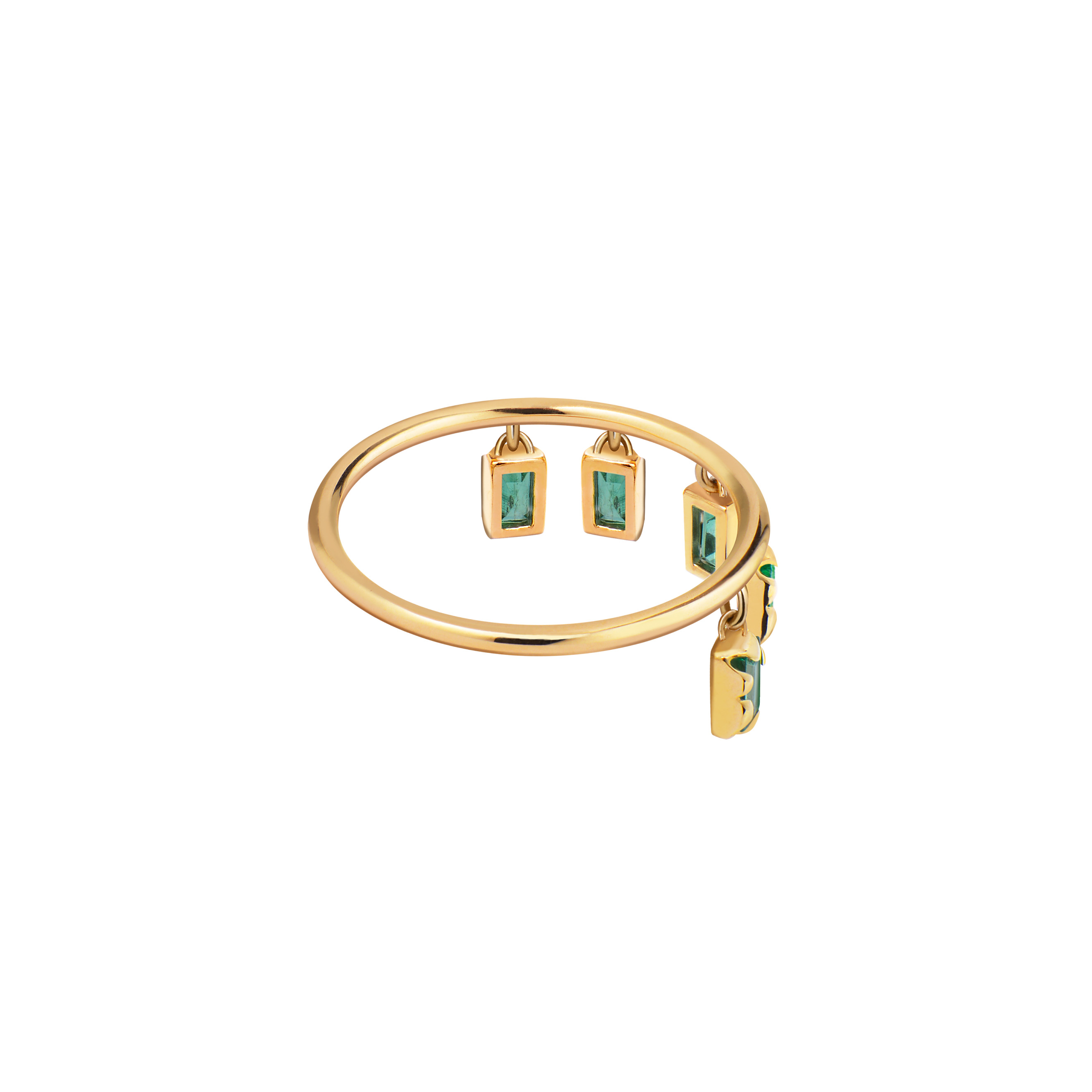 Ring with 5 hanging emeralds in an asymmetric fastening