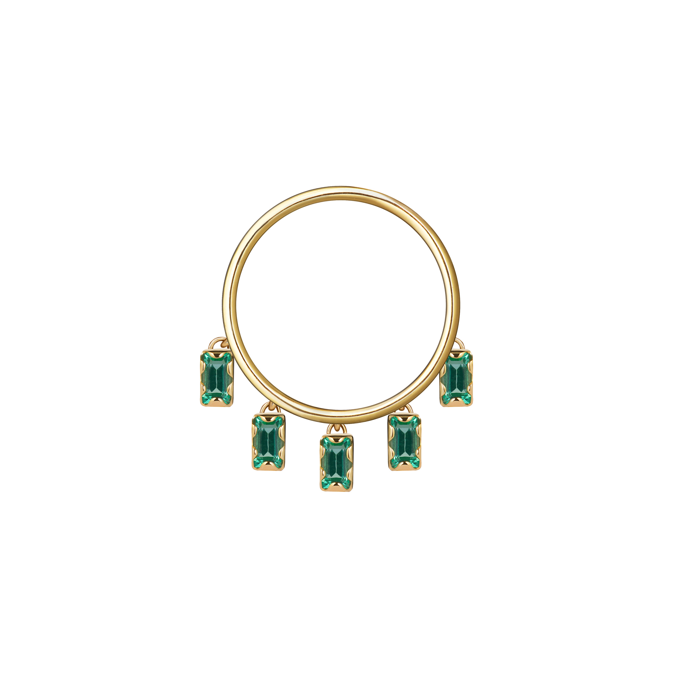 Ring with 5 hanging emeralds in an asymmetric fastening