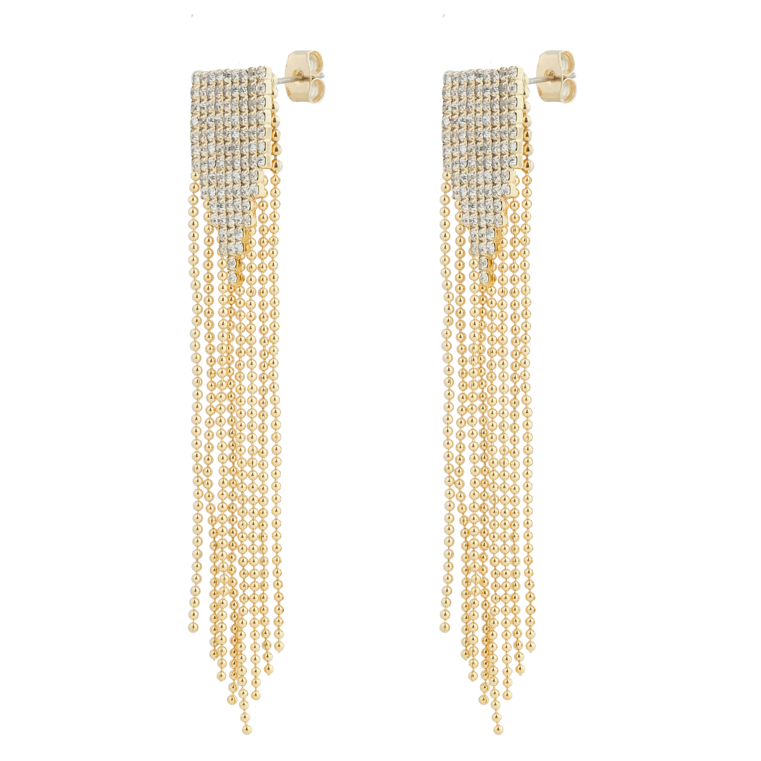 earrings with chains and glass inserts