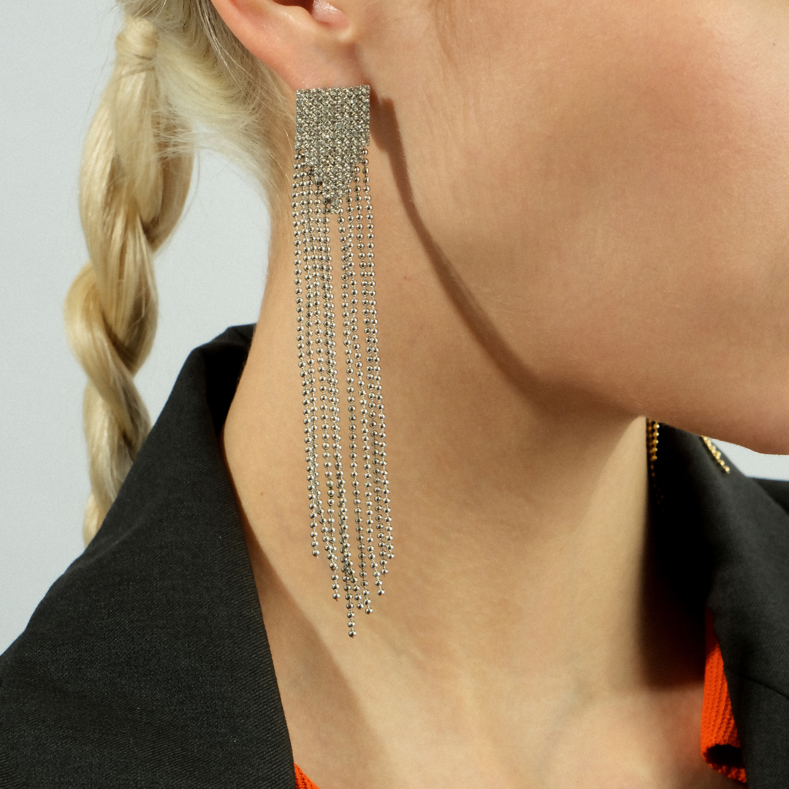 earrings with chains and glass inserts