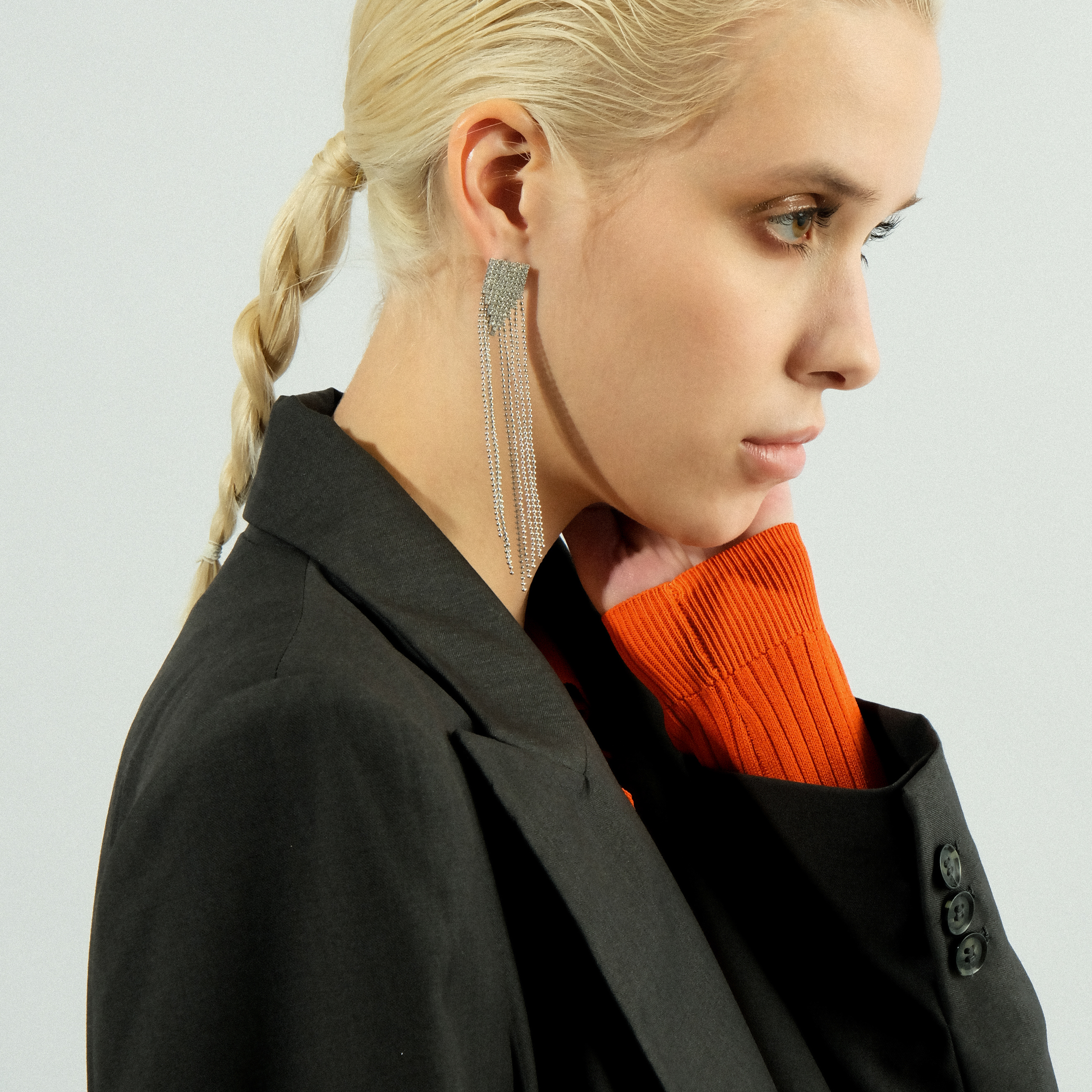 earrings with chains and glass inserts