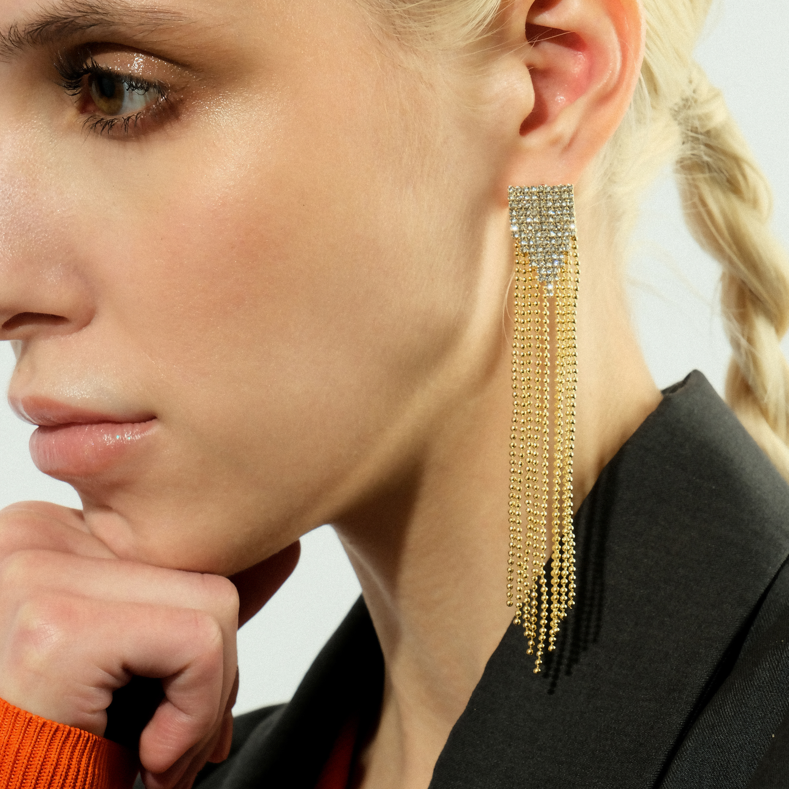 earrings with chains and glass inserts