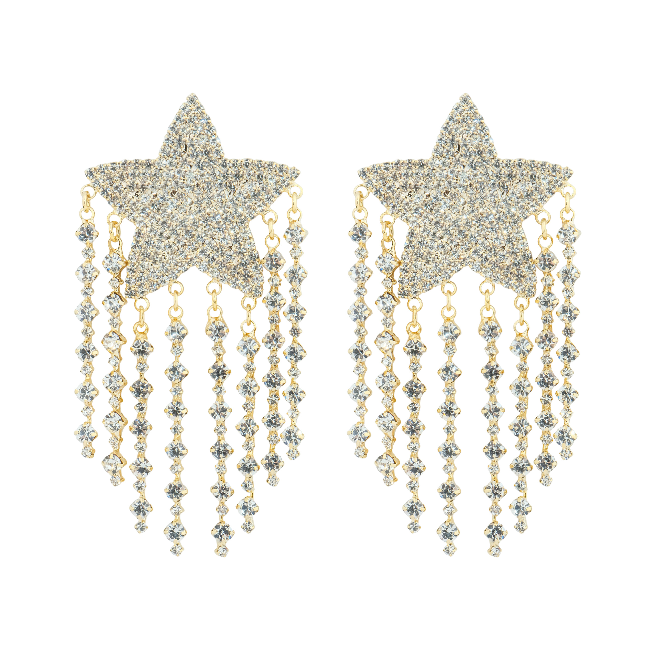 Large  star earrings, completely covered with crystals, with suspensions-threads