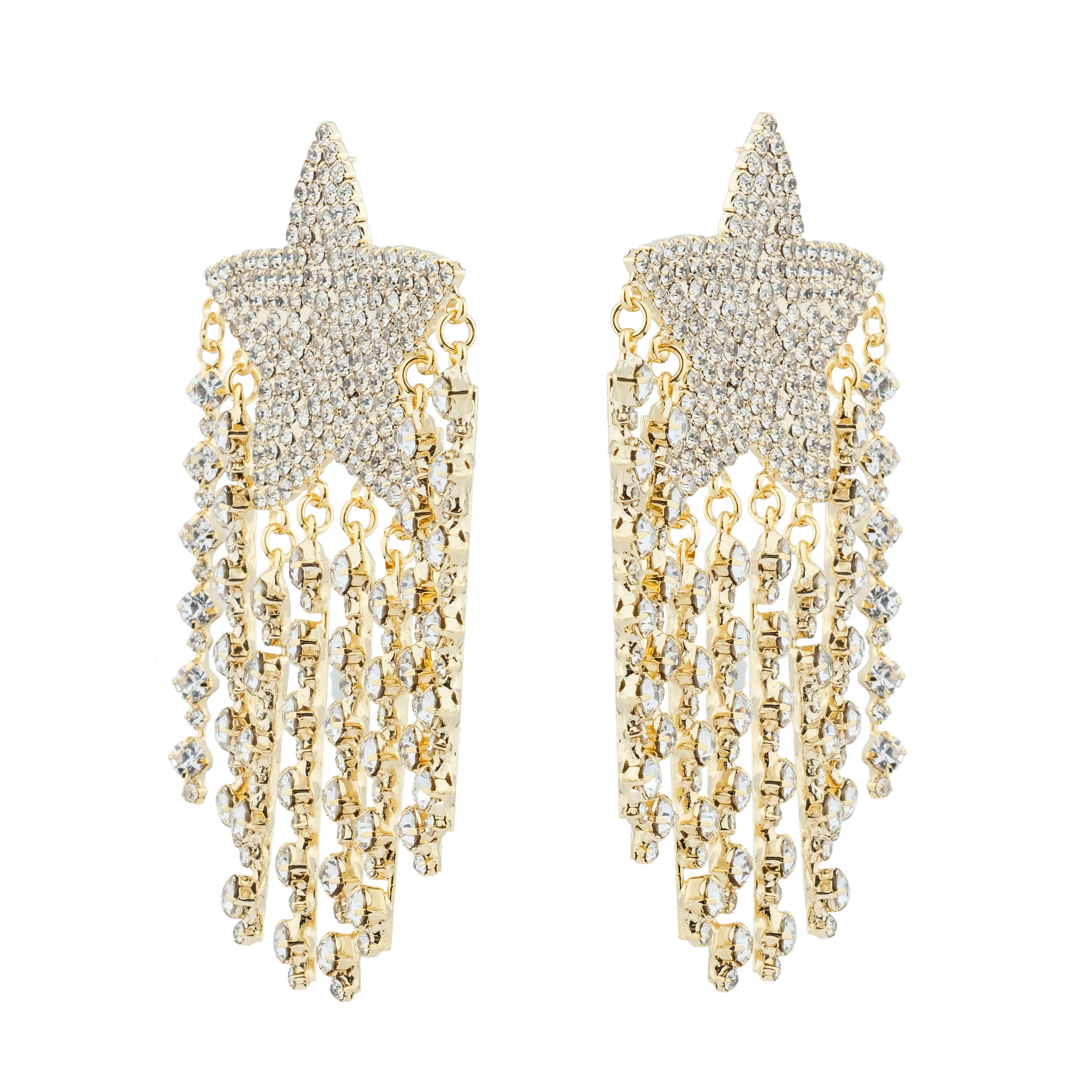Large  star earrings, completely covered with crystals, with suspensions-threads
