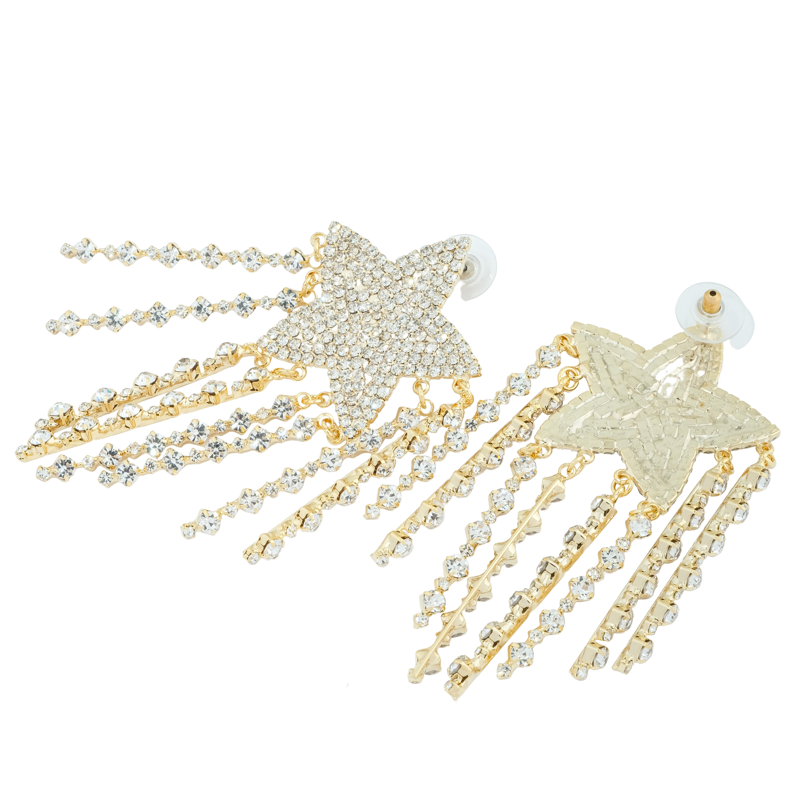 Large  star earrings, completely covered with crystals, with suspensions-threads