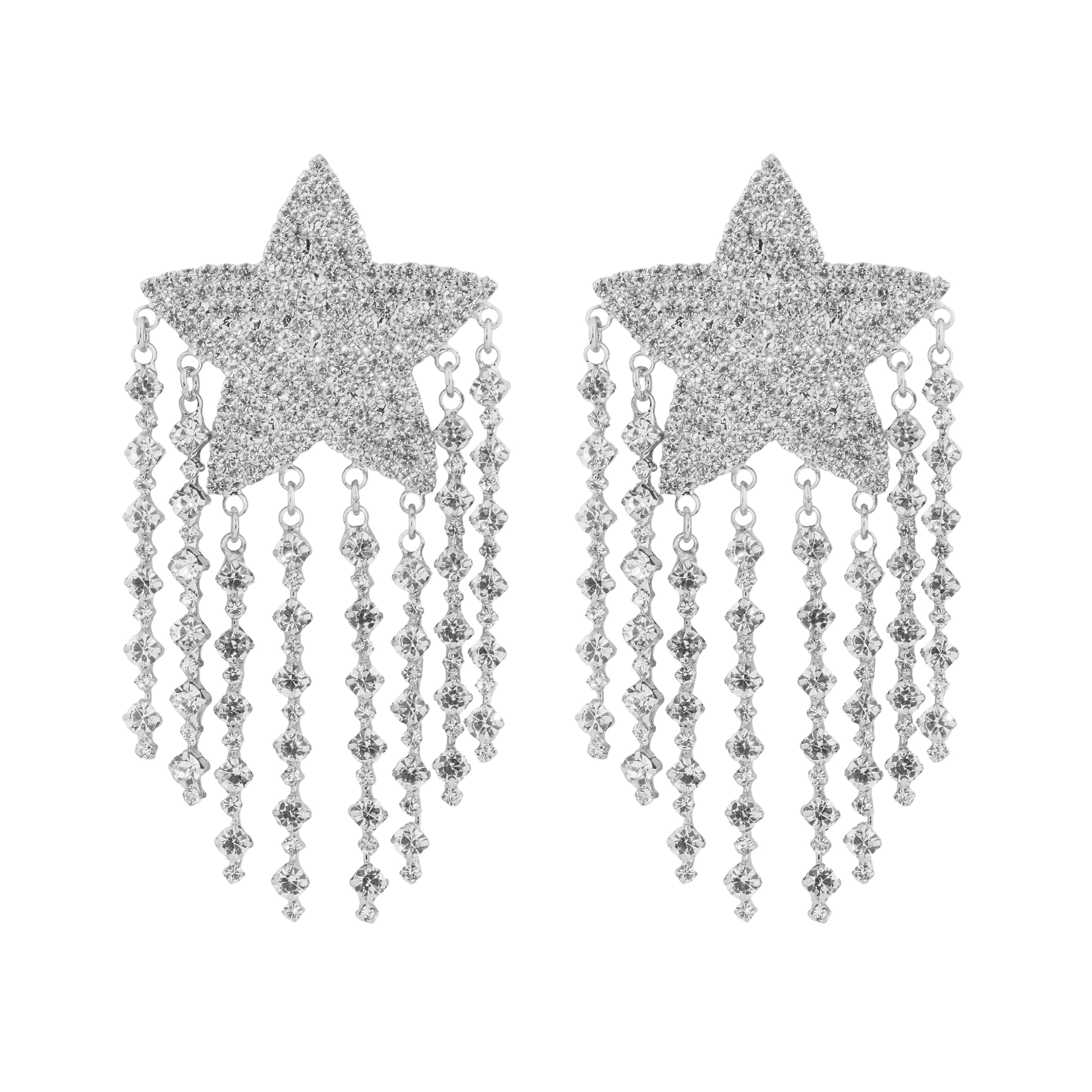 Large  star earrings, completelcovered with crystals, with thread pendants