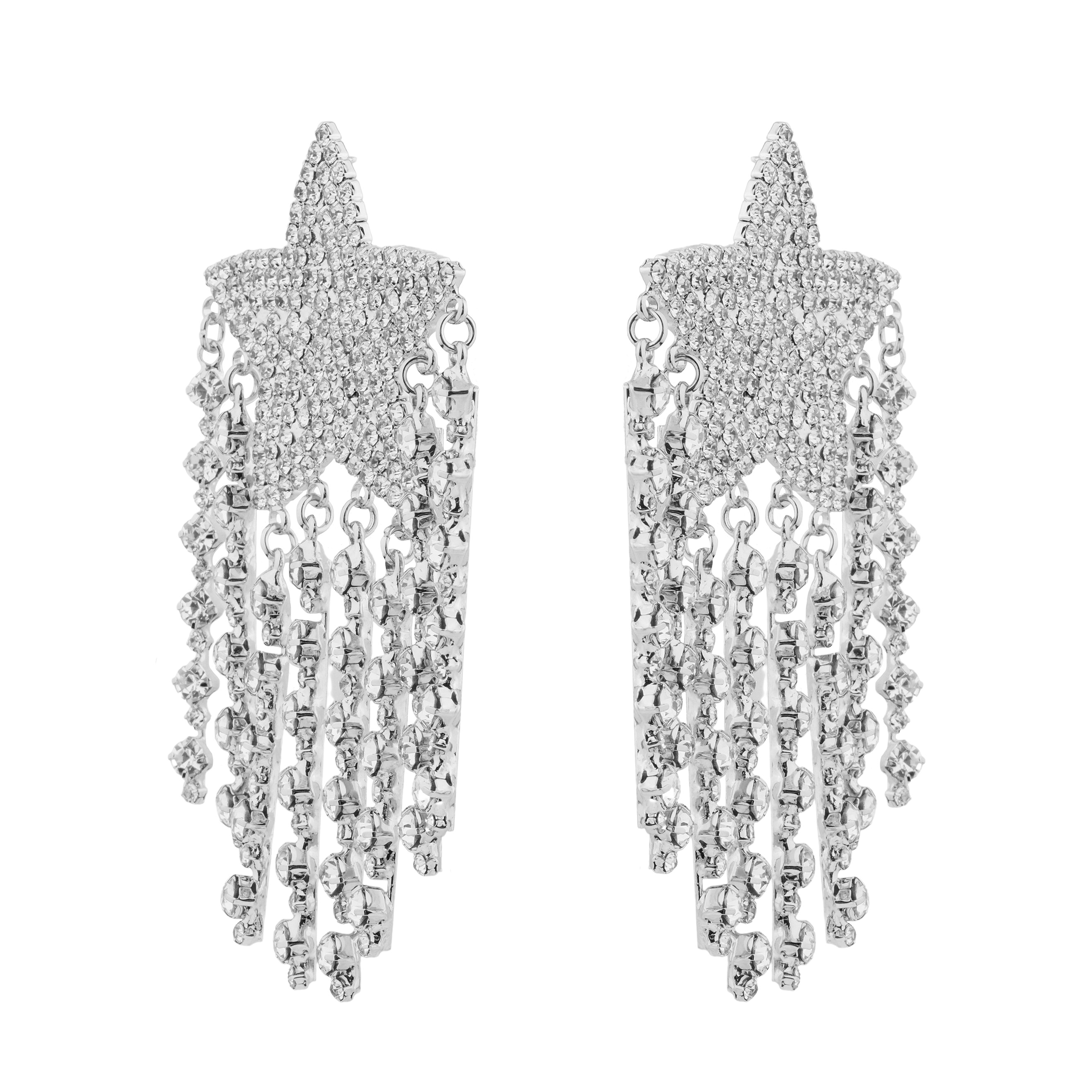 Large  star earrings, completelcovered with crystals, with thread pendants