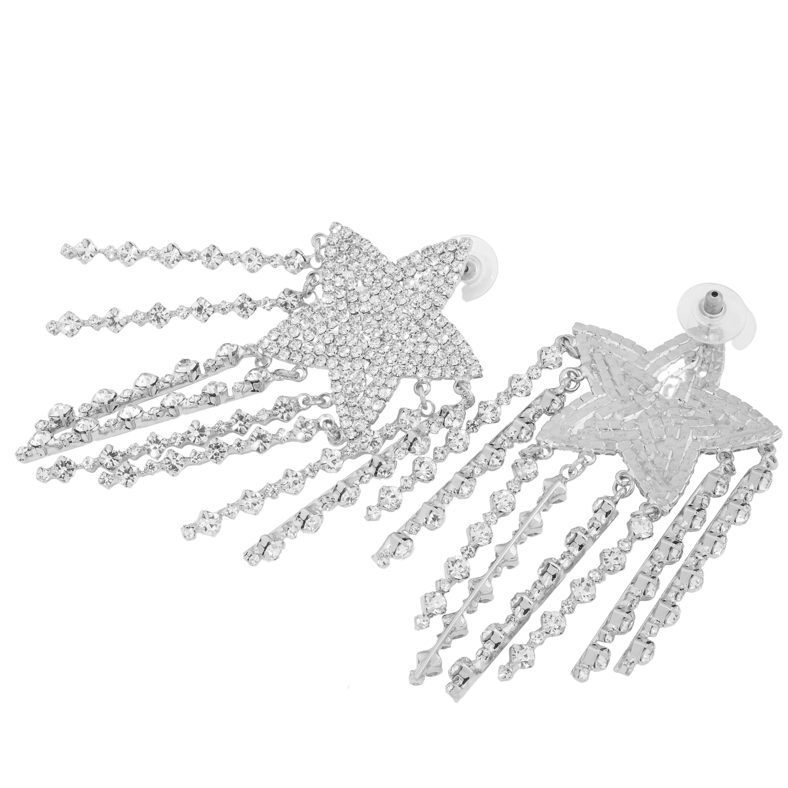 Large  star earrings, completelcovered with crystals, with thread pendants