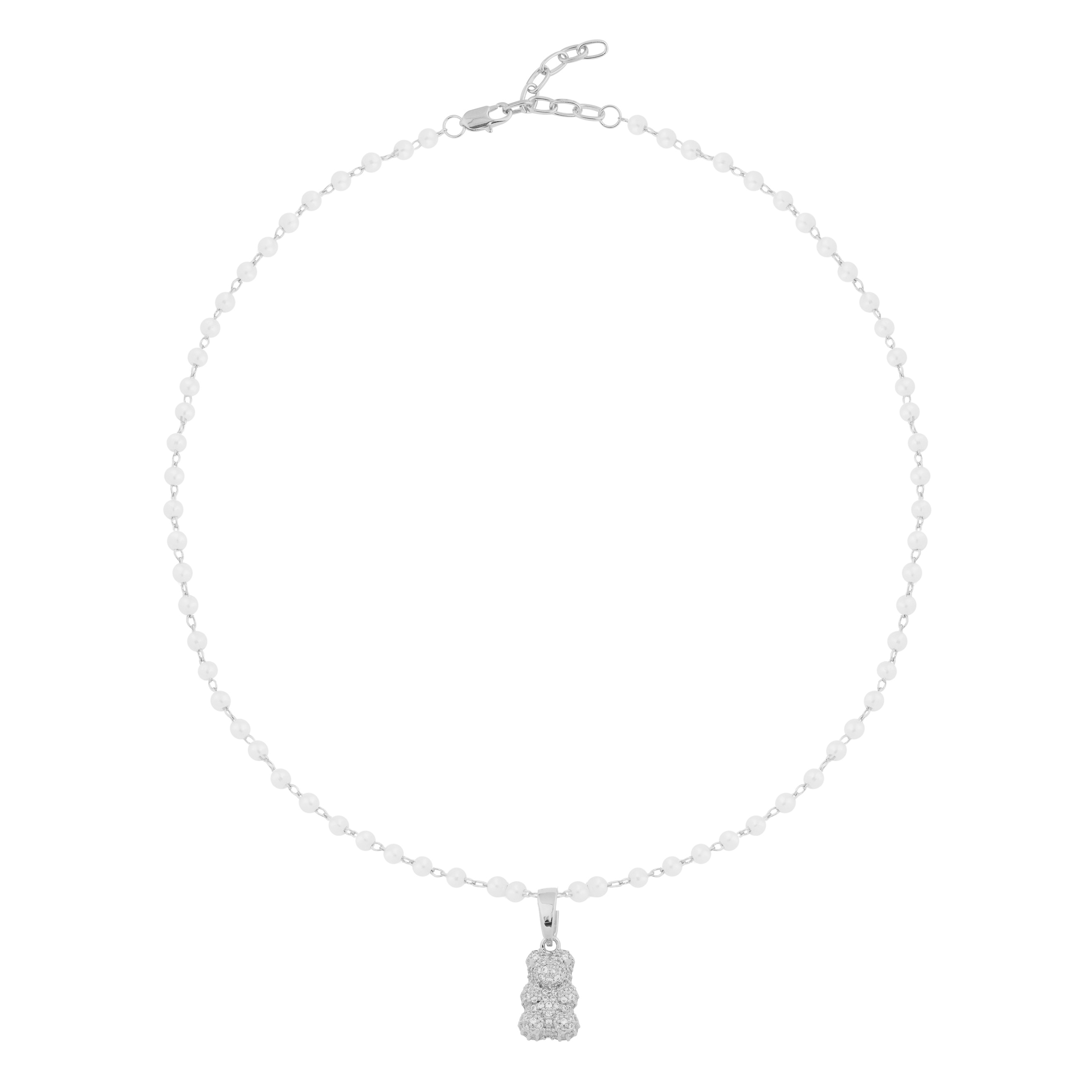 Necklace with pearls and a bear pendant with crystals