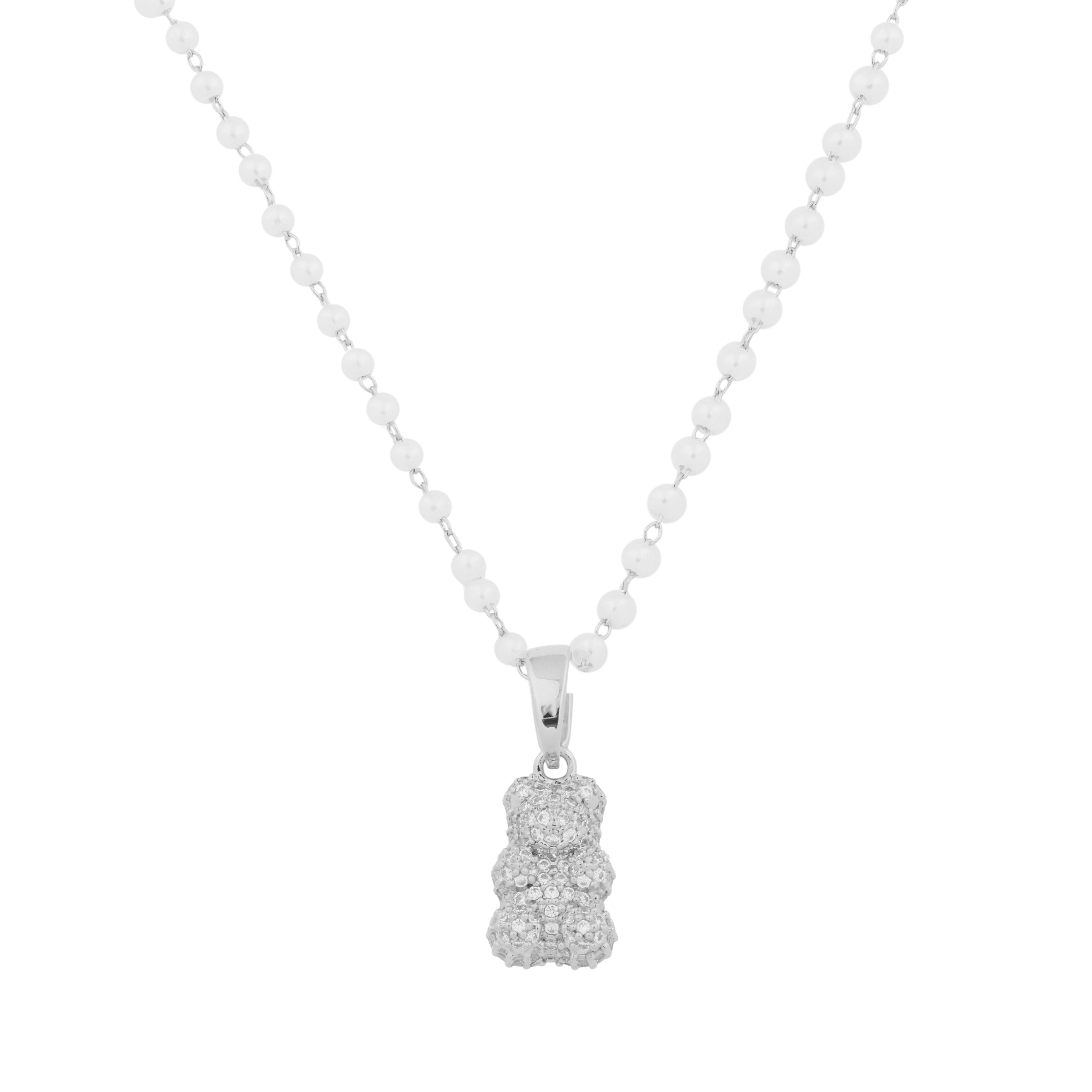 Necklace with pearls and a bear pendant with crystals