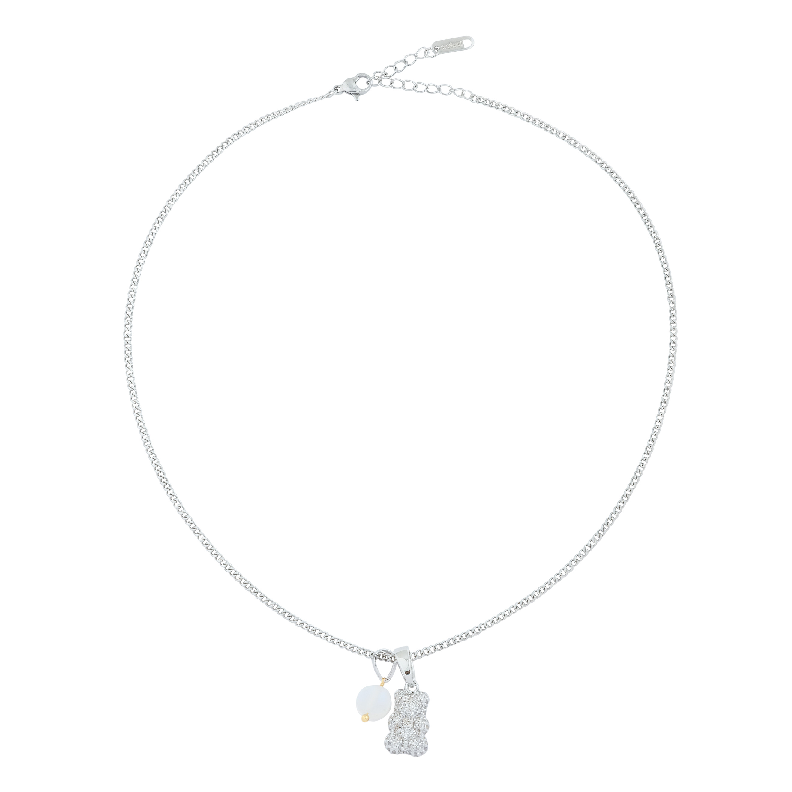 Necklace with silver teddy bear pendant and transparent bead