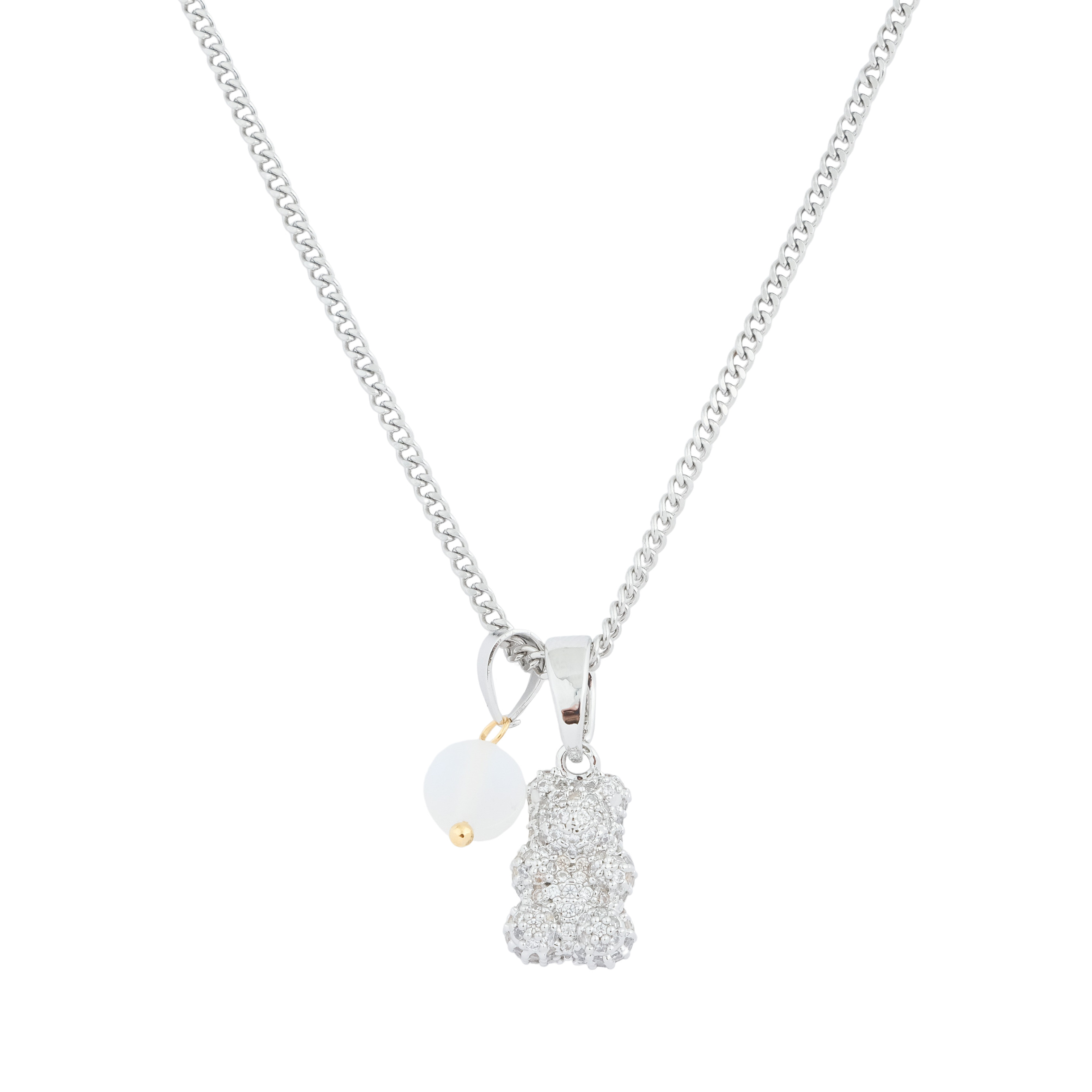 Necklace with silver teddy bear pendant and transparent bead