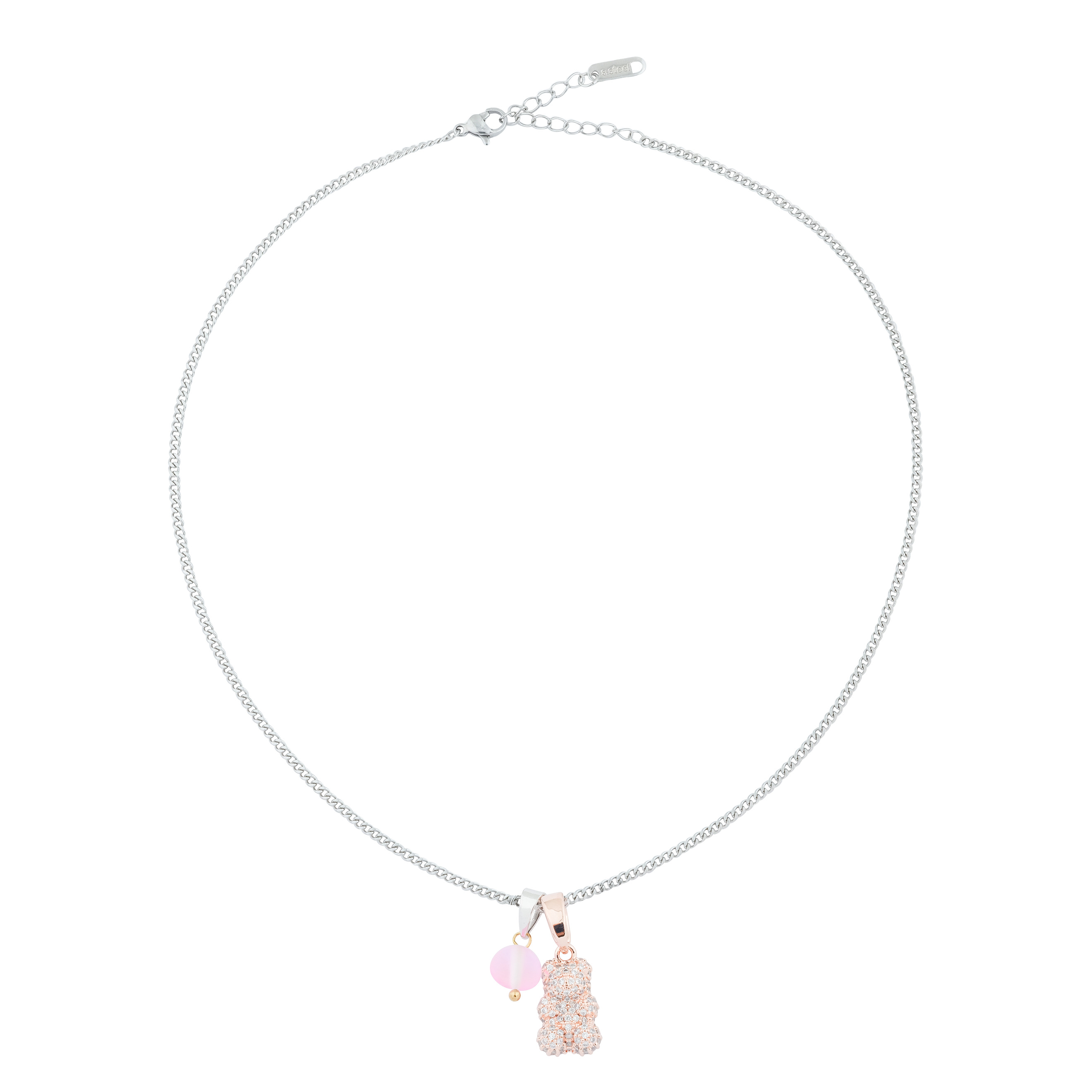 Necklace with pink teddy bear pendant and pink bead
