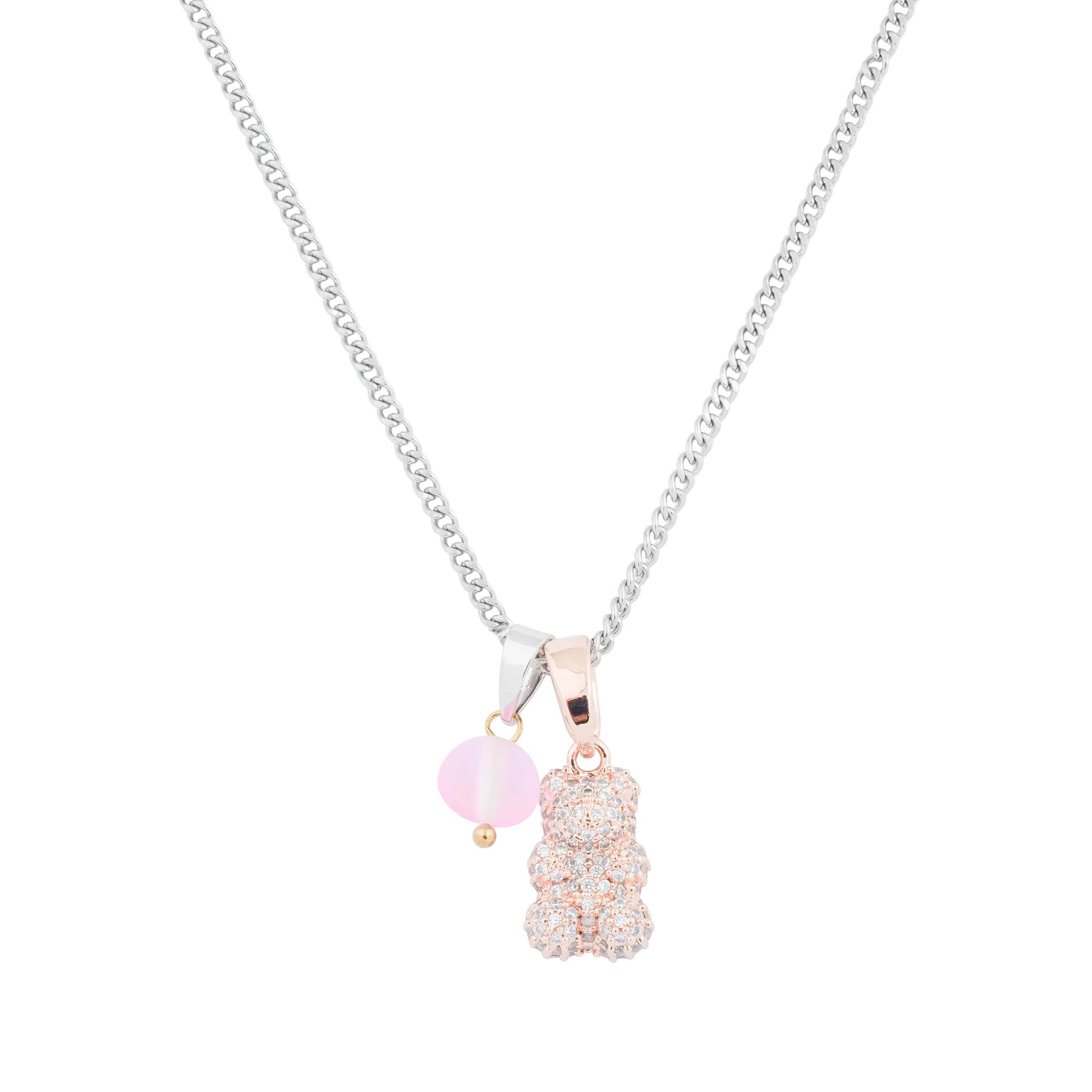 Necklace with pink teddy bear pendant and pink bead