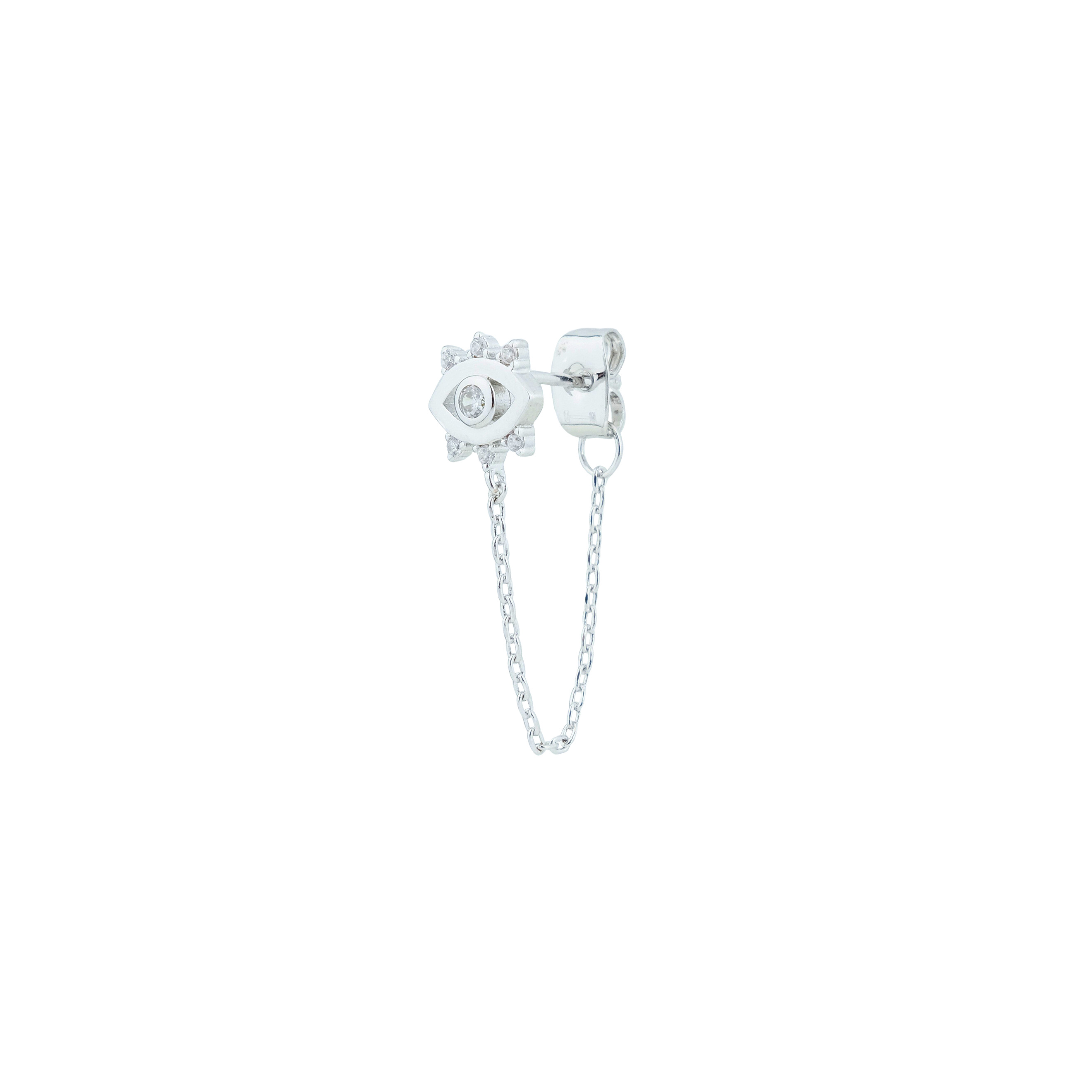 silver-plated eye mono-earring with chains and crystals