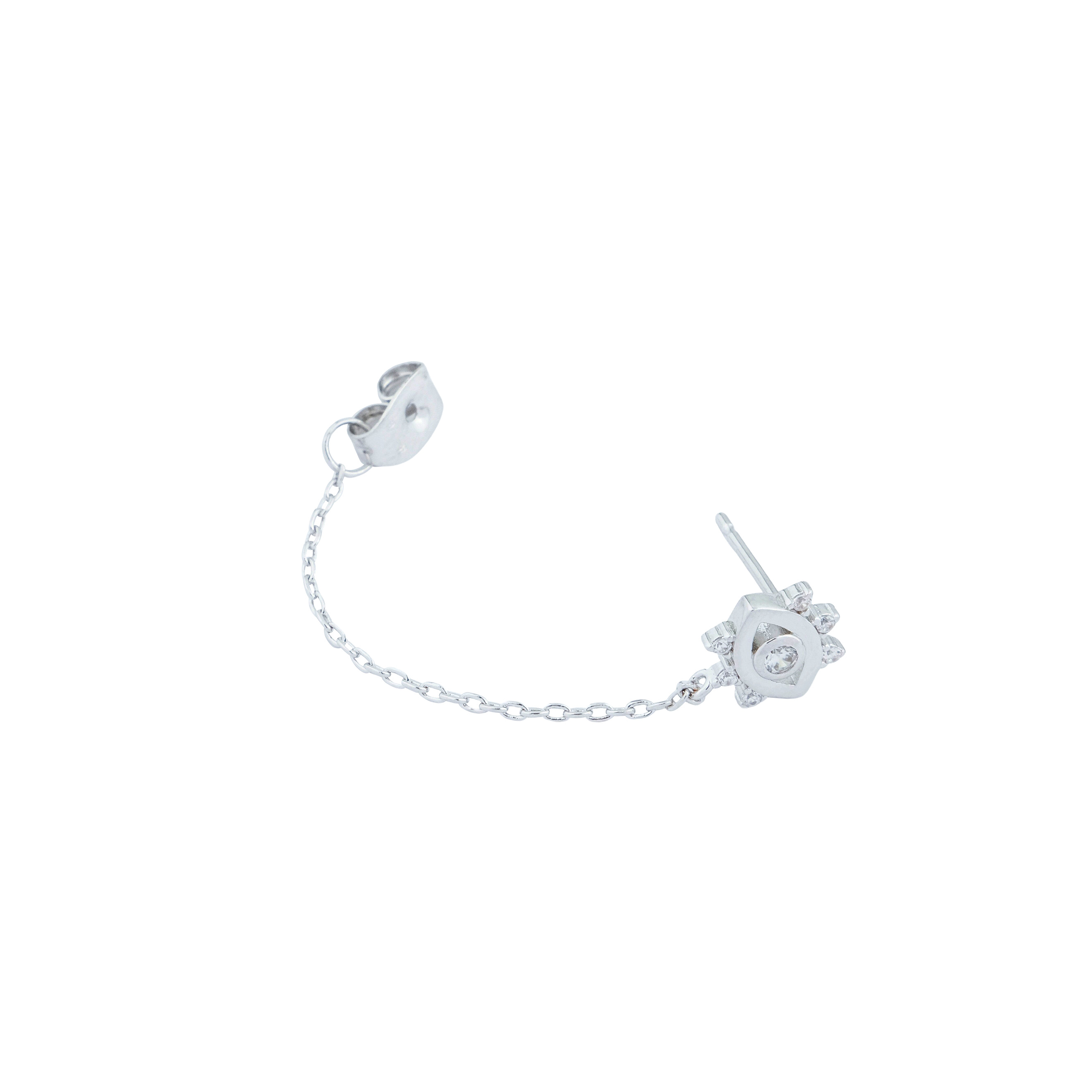 silver-plated eye mono-earring with chains and crystals